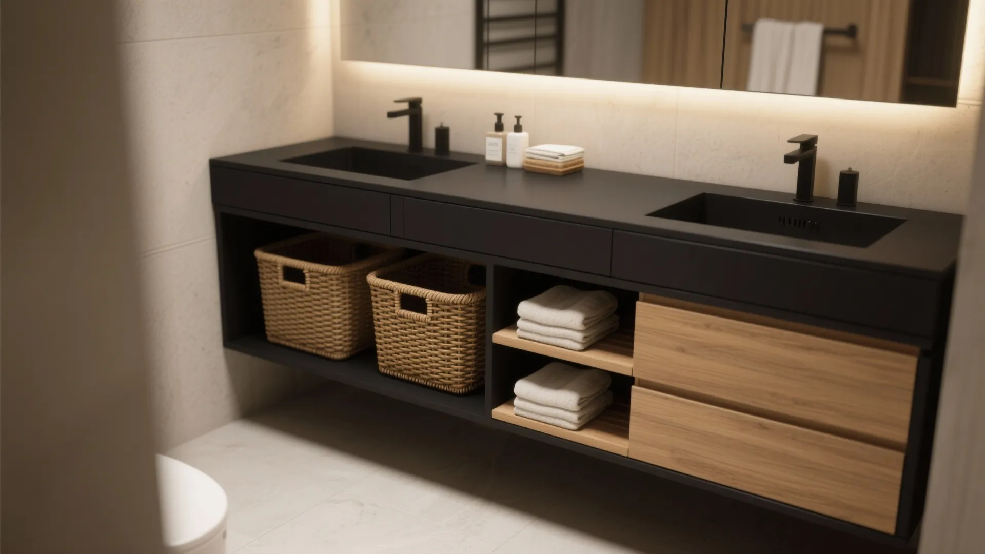 Black bathroom cabinet with double sinks and open shelves holding woven baskets and folded towels