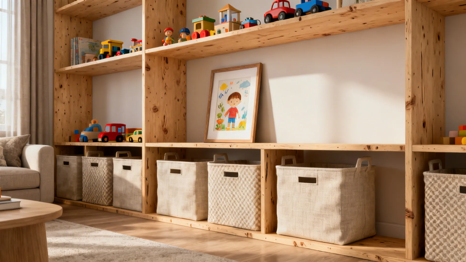 Open shelving with curated toys on display and matching fabric bins for concealed storage.