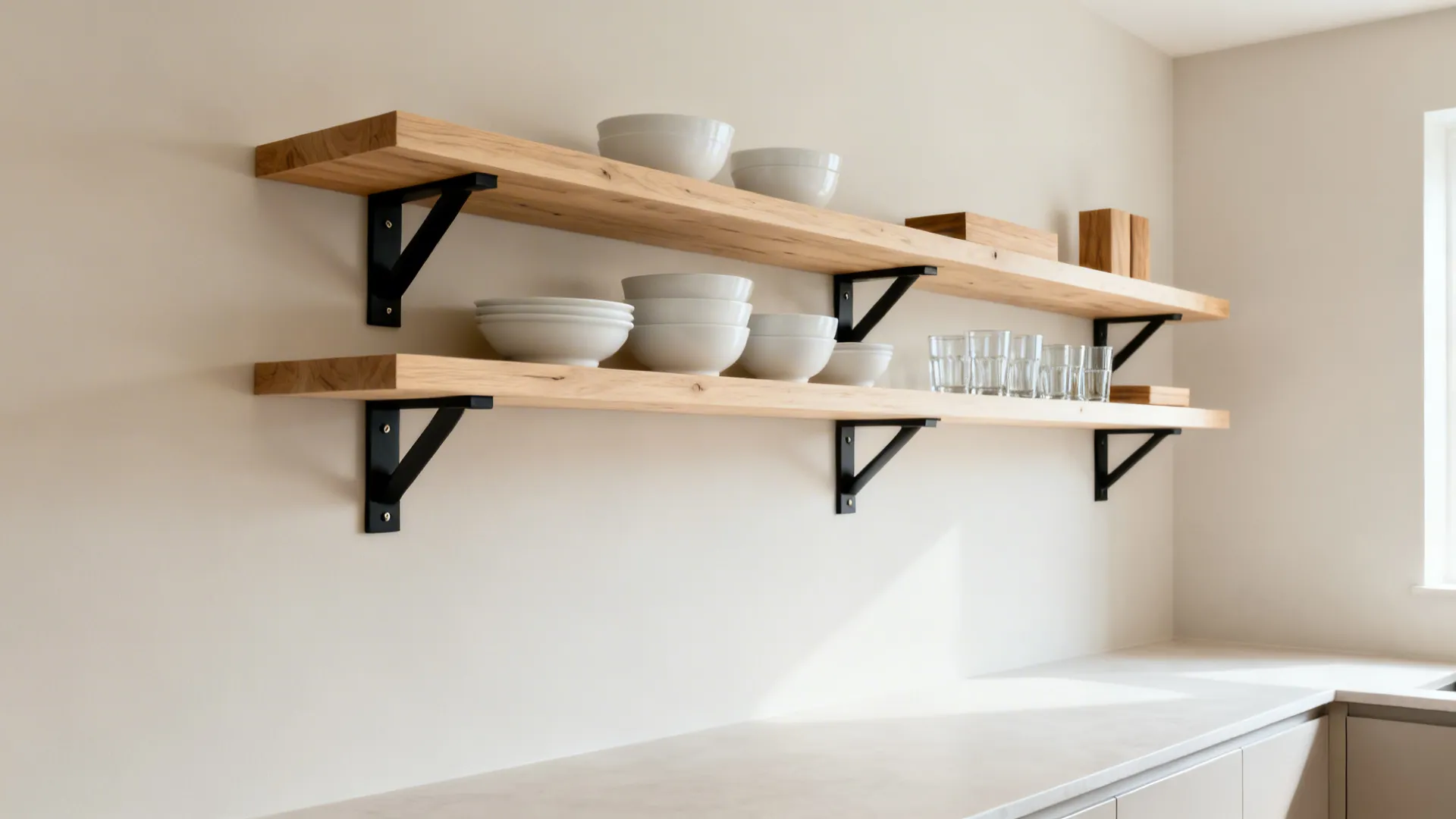 Minimalist kitchen with floating birch open shelves holding bowls and glasses.