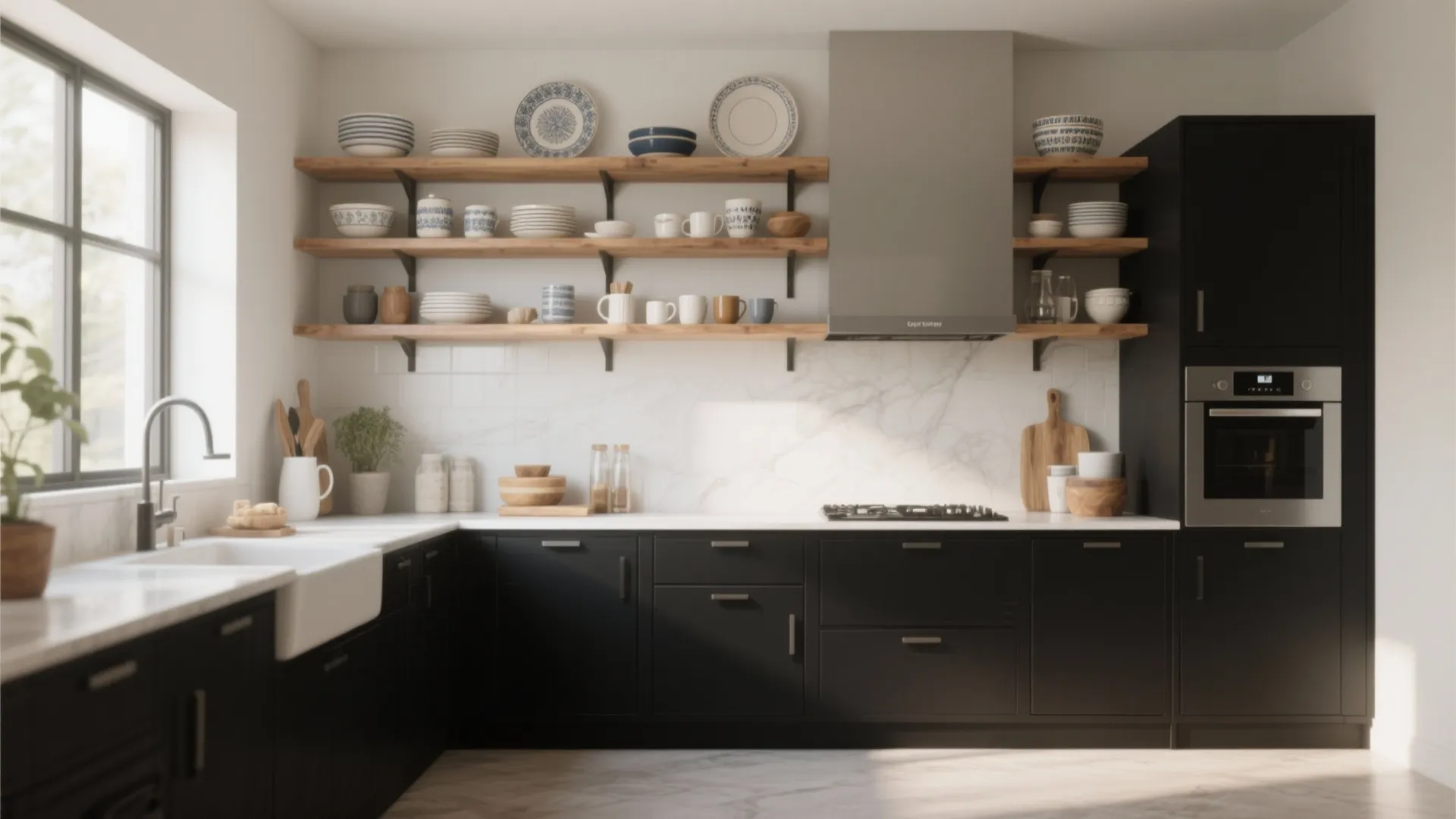 Black lower cabinets with wooden open shelves above