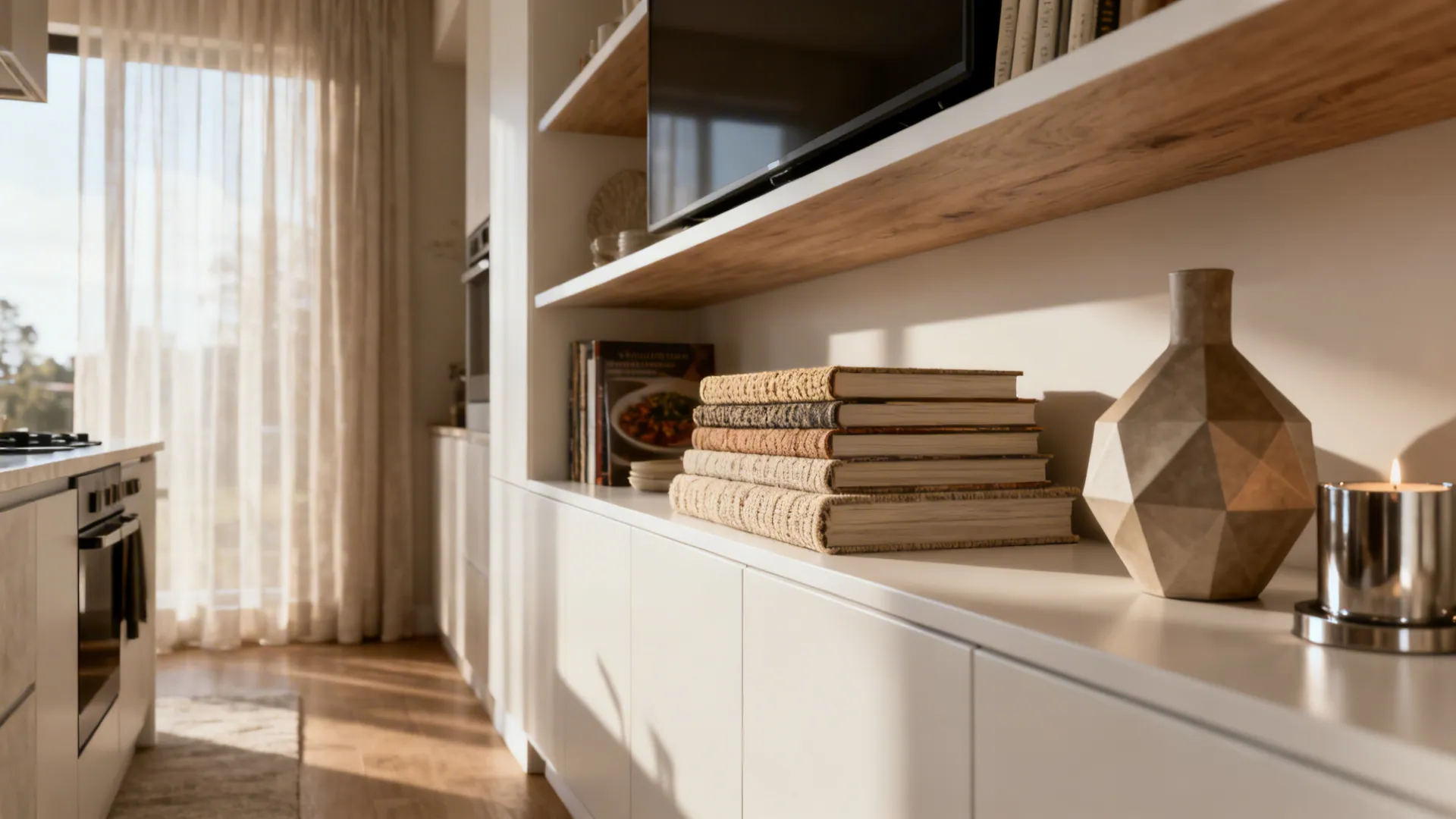 Floating open shelves aligned with a media cabinet connecting kitchen and living room displays