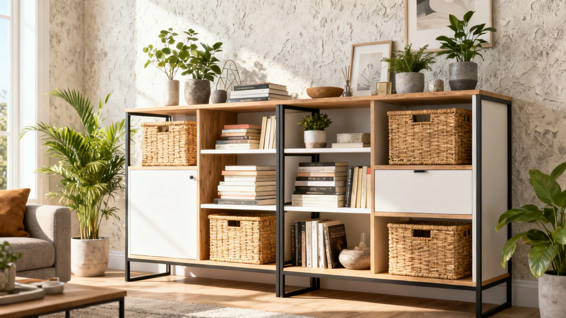 Open shelving unit styled with baskets, books and plants to create airy storage.