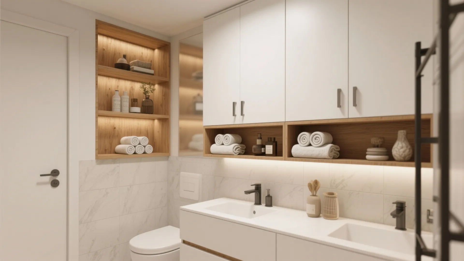 White bathroom design featuring wall cabinets and wood open shelves with towels above double sinks