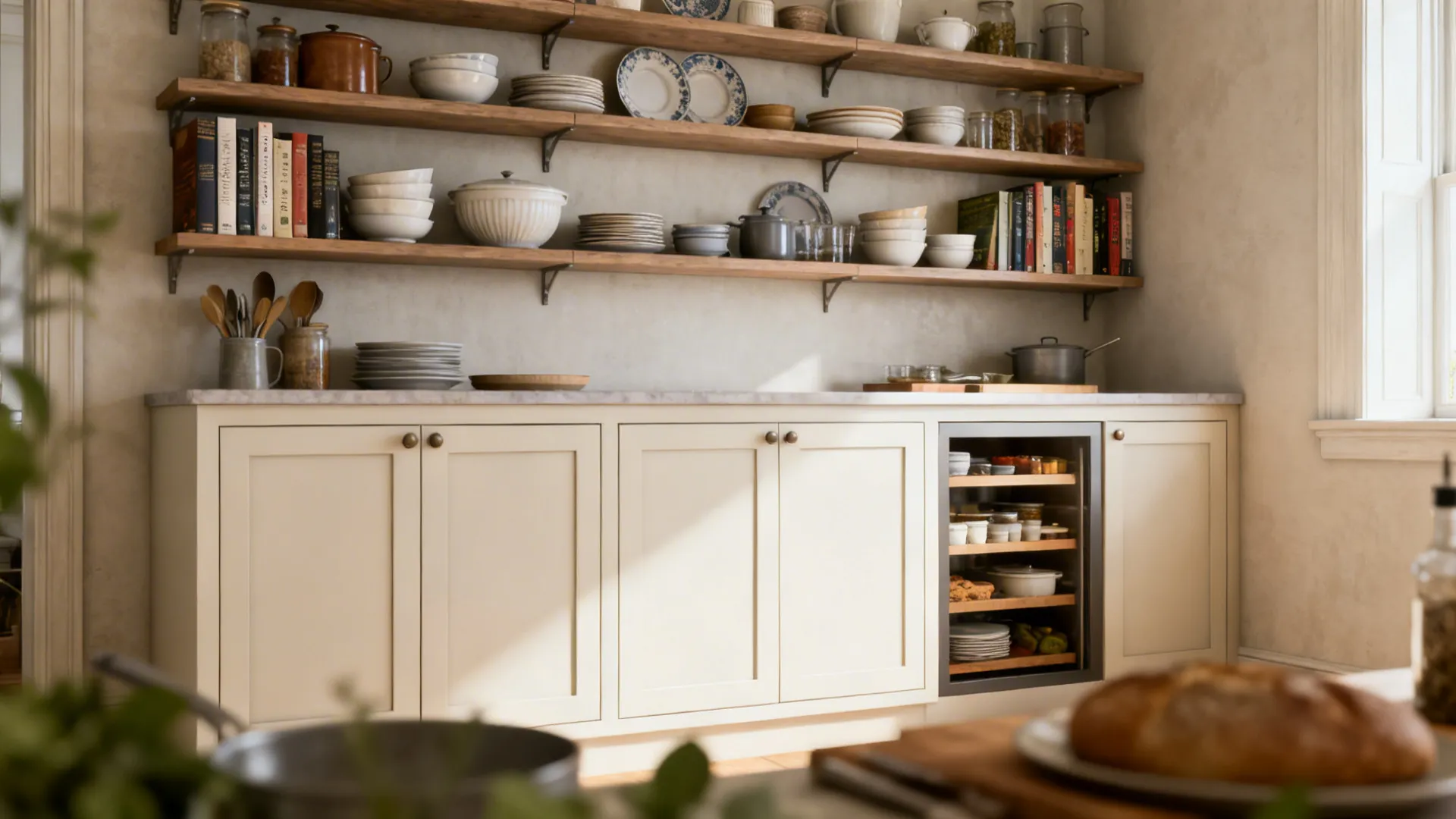 Kitchen wall combining open shelves with a closed cabinet bank for hidden storage