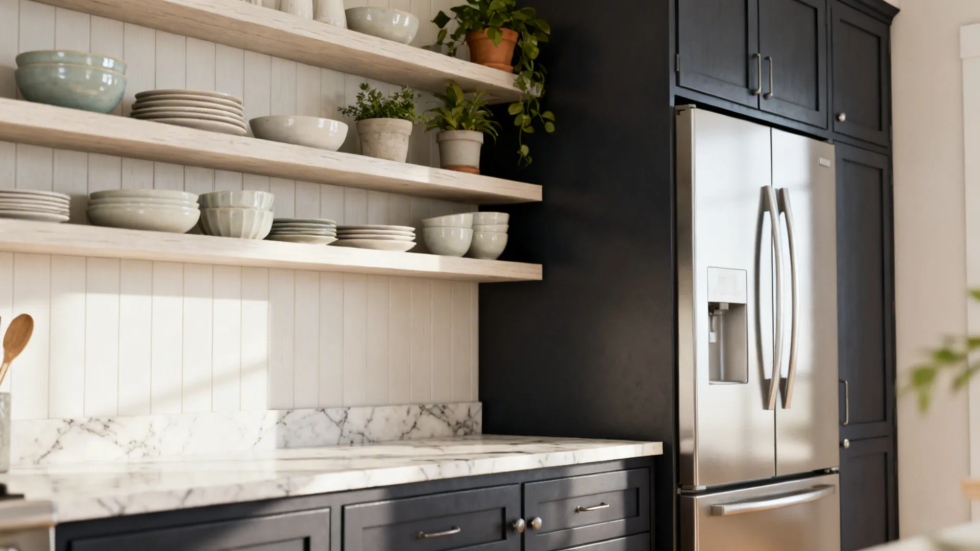 Open shelving above prep area with closed cabinets by the fridge in a small kitchen