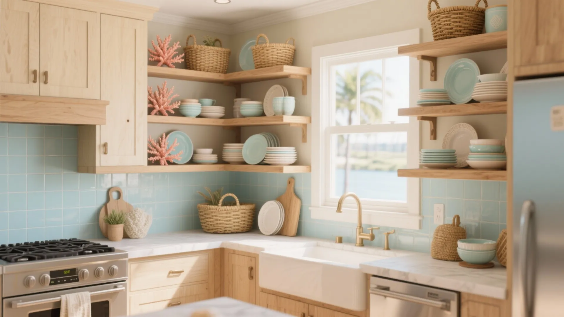 2. Open Shelving with Coastal Touches