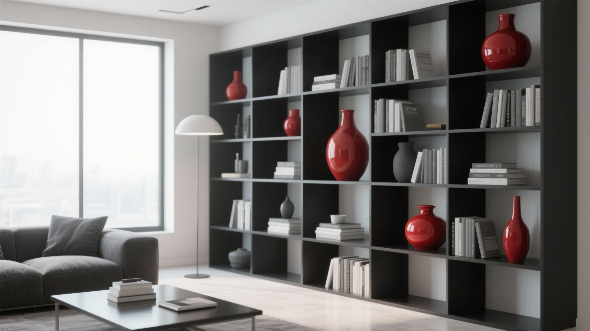 Large black wall cabinet with open shelves containing books and red vases near bright window
