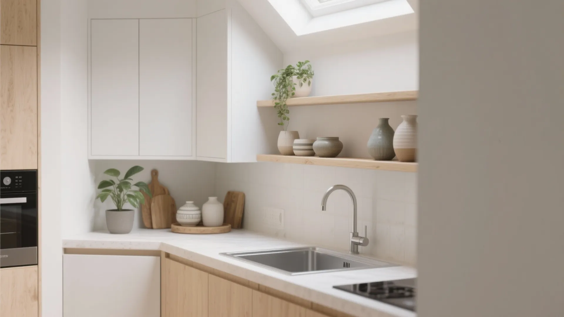 3. Overhead Open Shelving Combined with Cabinetry