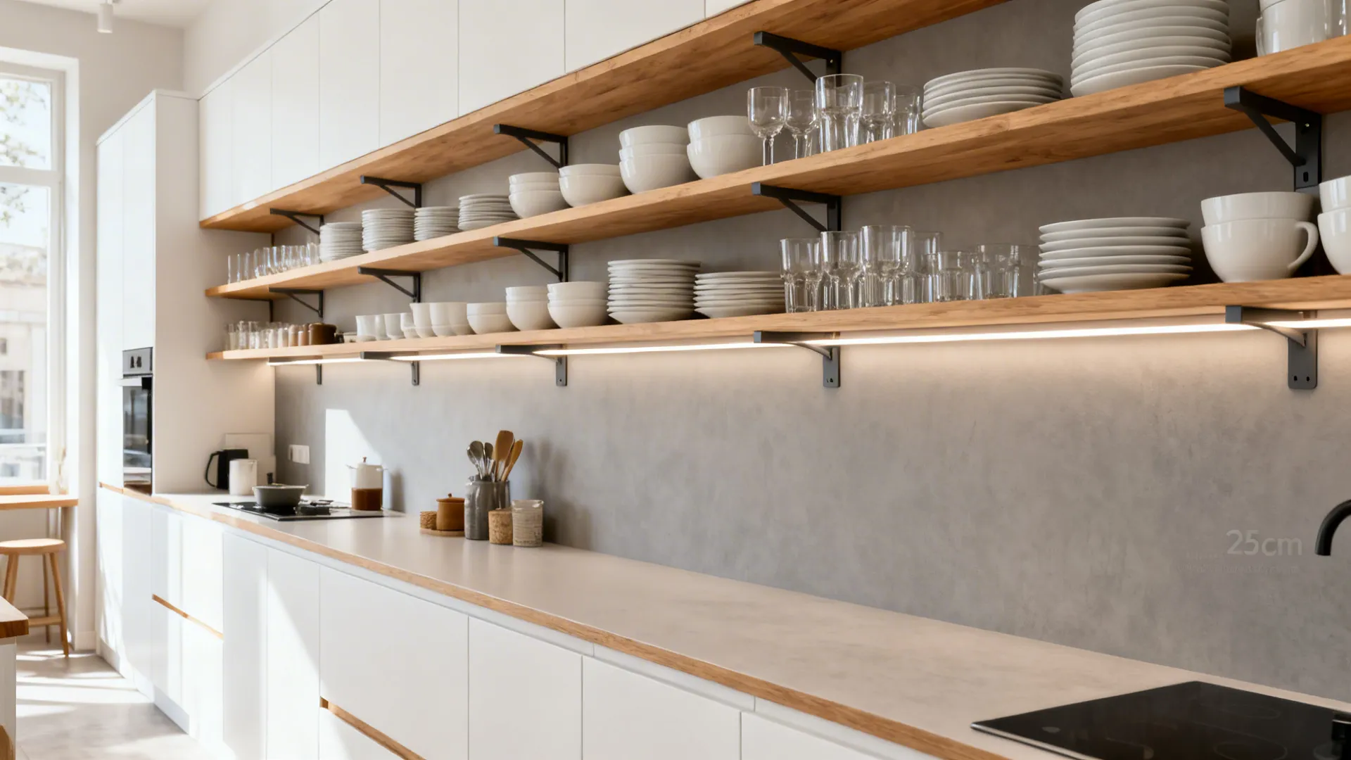 Minimalist open shelves with white dishes and LEDs in a small galley kitchen.