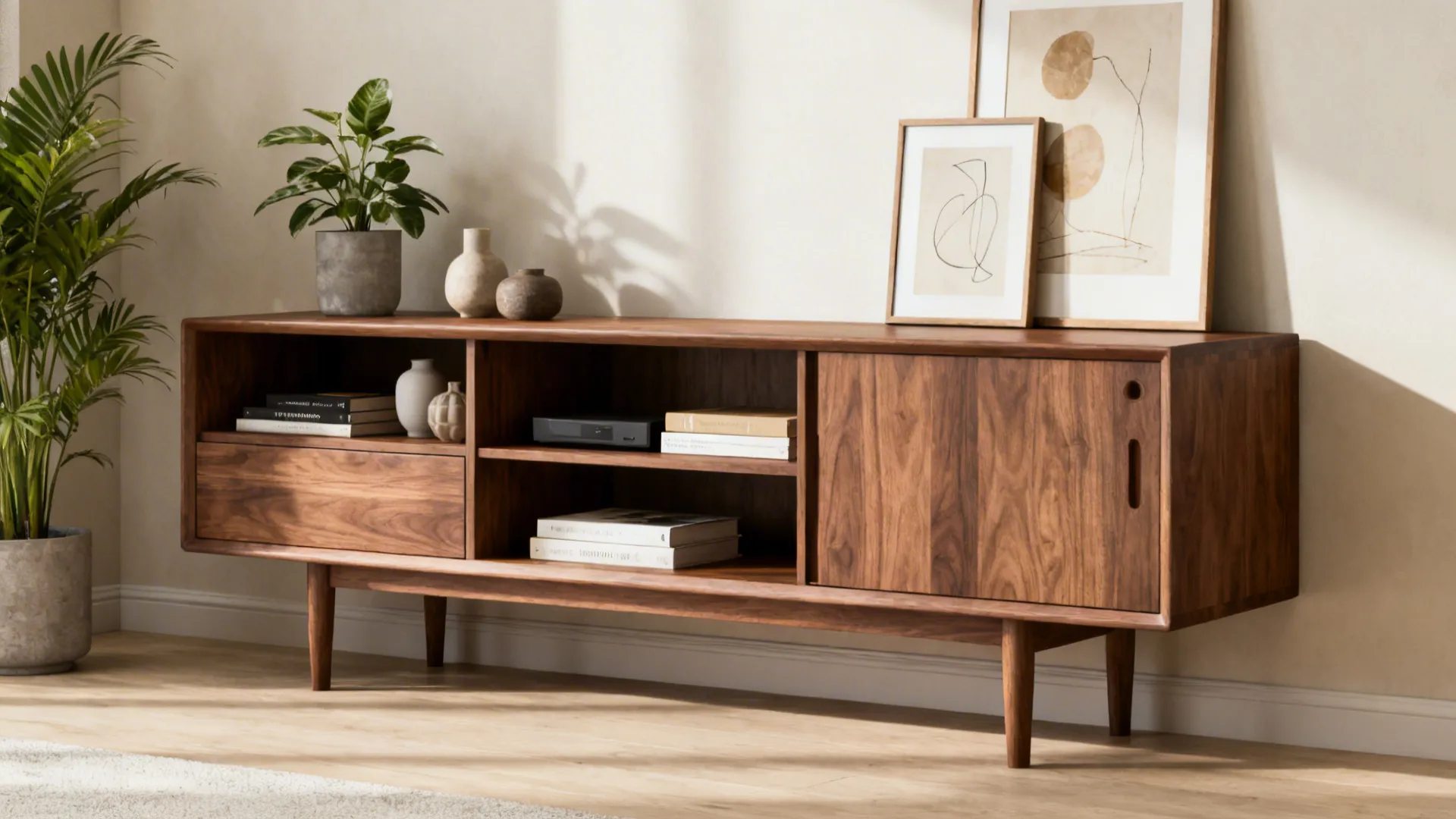 Low walnut media console with open shelving styled with plants and curated objects.