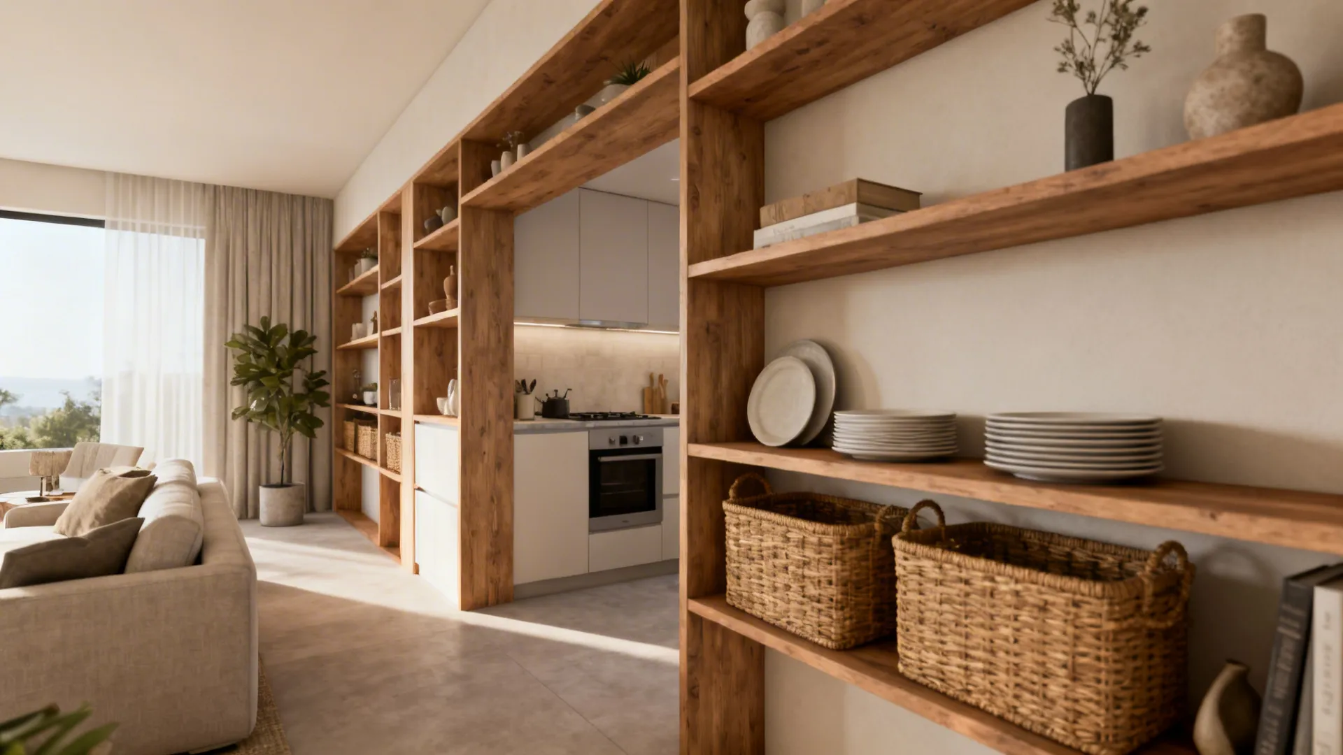 Open shelving running from kitchen into living area with baskets and curated decor