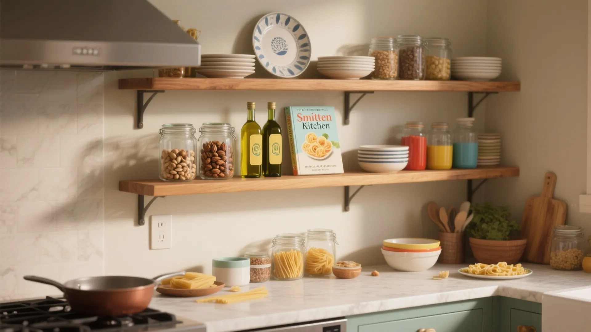 3. Open shelving for cookbooks and colorful ingredients