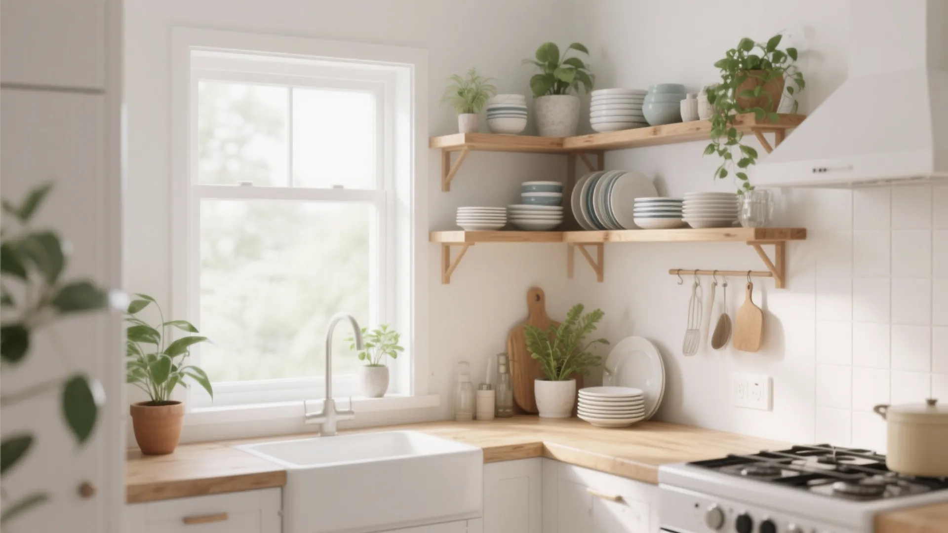 Open shelving in small kitchen corner