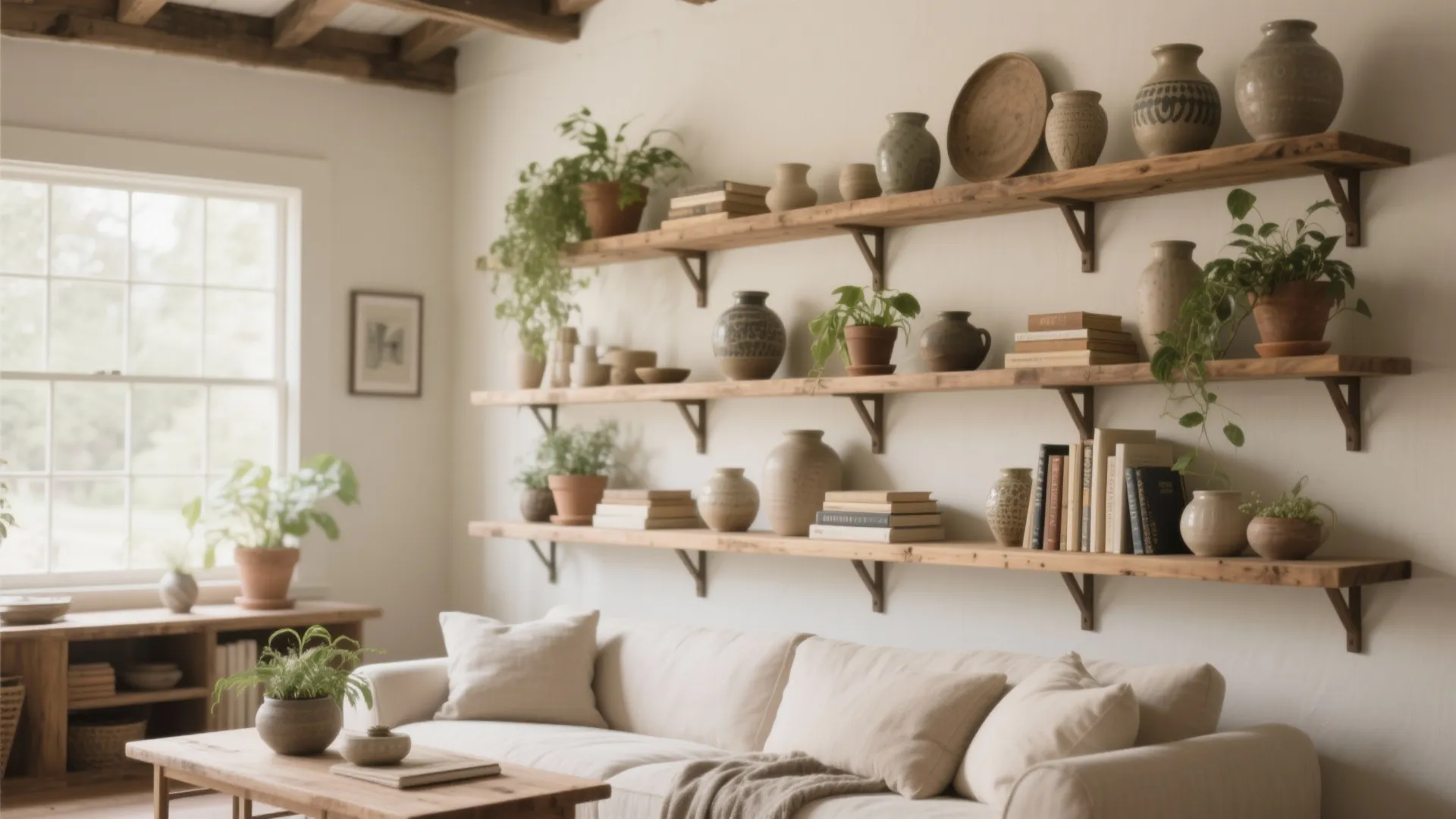 Floating wood shelves with ceramics and plants in living room
