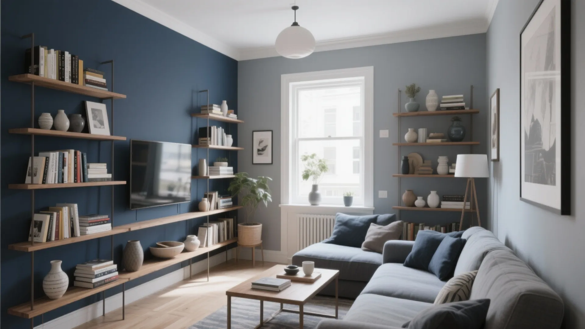 Modern living room with blue accent wall wooden shelves grey sofa coffee table and ceiling light