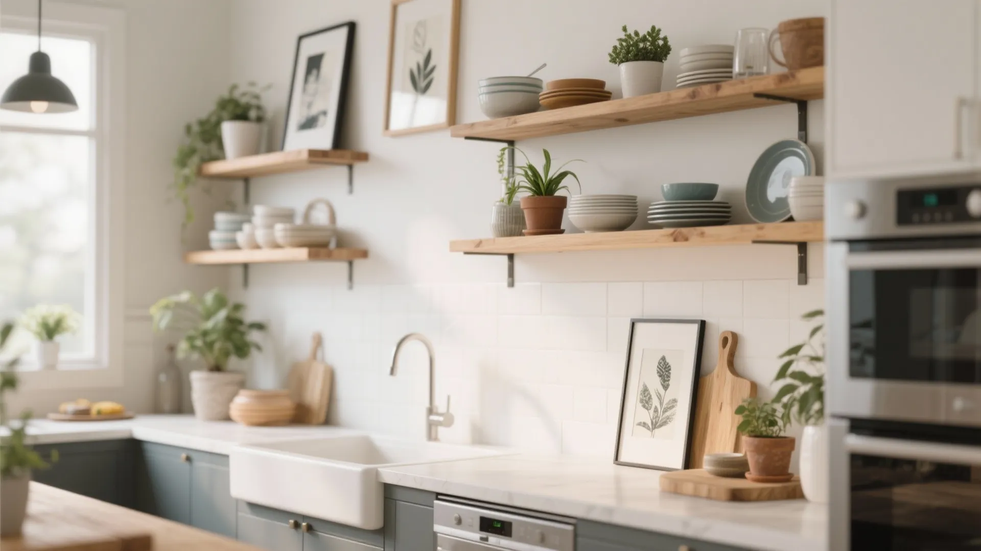Kitchen accent wall with floating wood shelves and curated decor