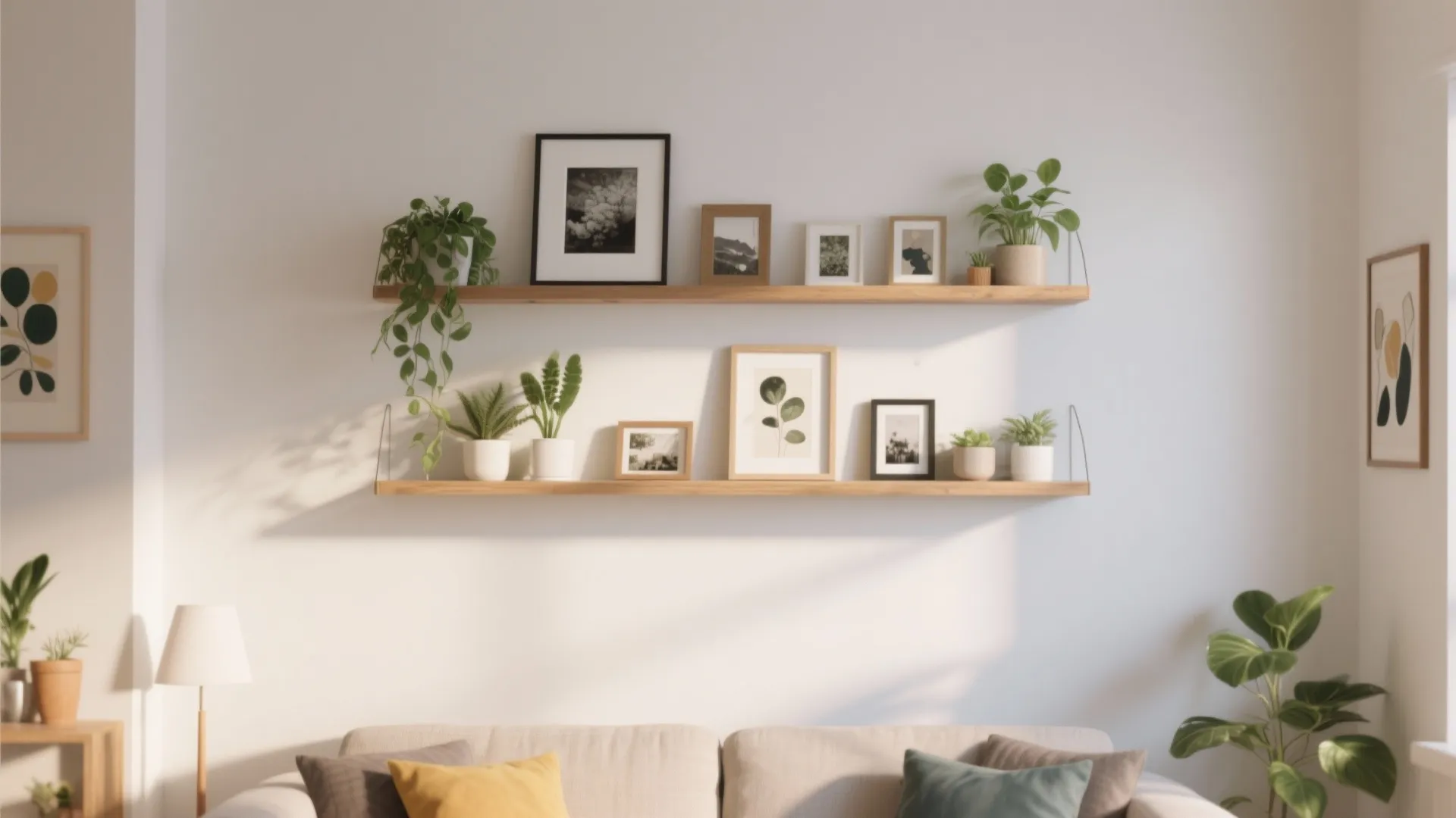 Two wooden floating wall shelves with framed pictures small green plants and a beige sofa