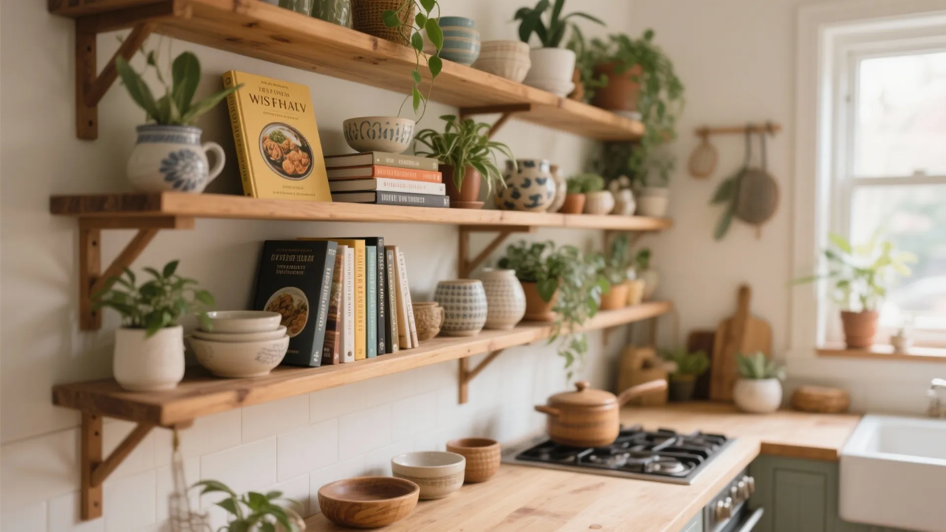 Open wooden kitchen shelves decorated with green plants books ceramic bowls and a gas stove