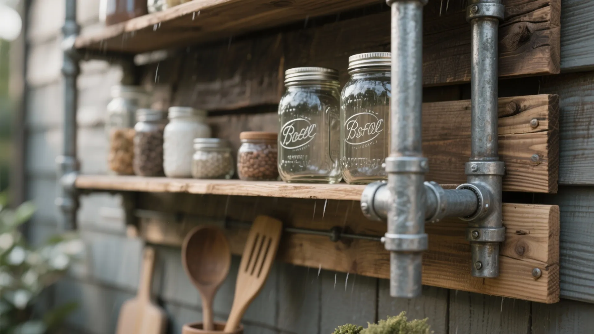 Rustic wooden shelves with metal pipe support holding glass jars on outdoor grey wood wall