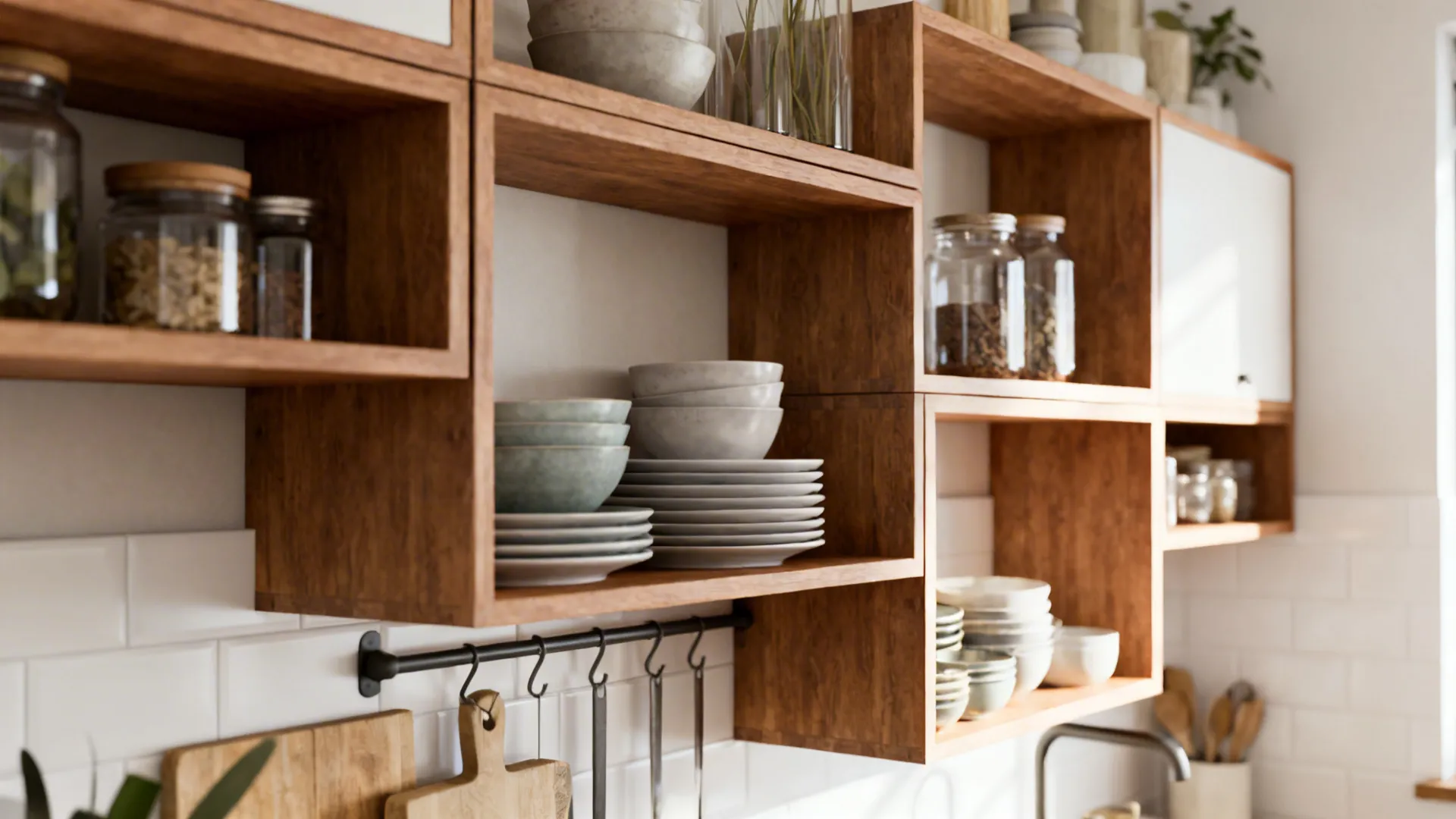 Floating open shelves with styled dishes and jars paired with concealed storage below