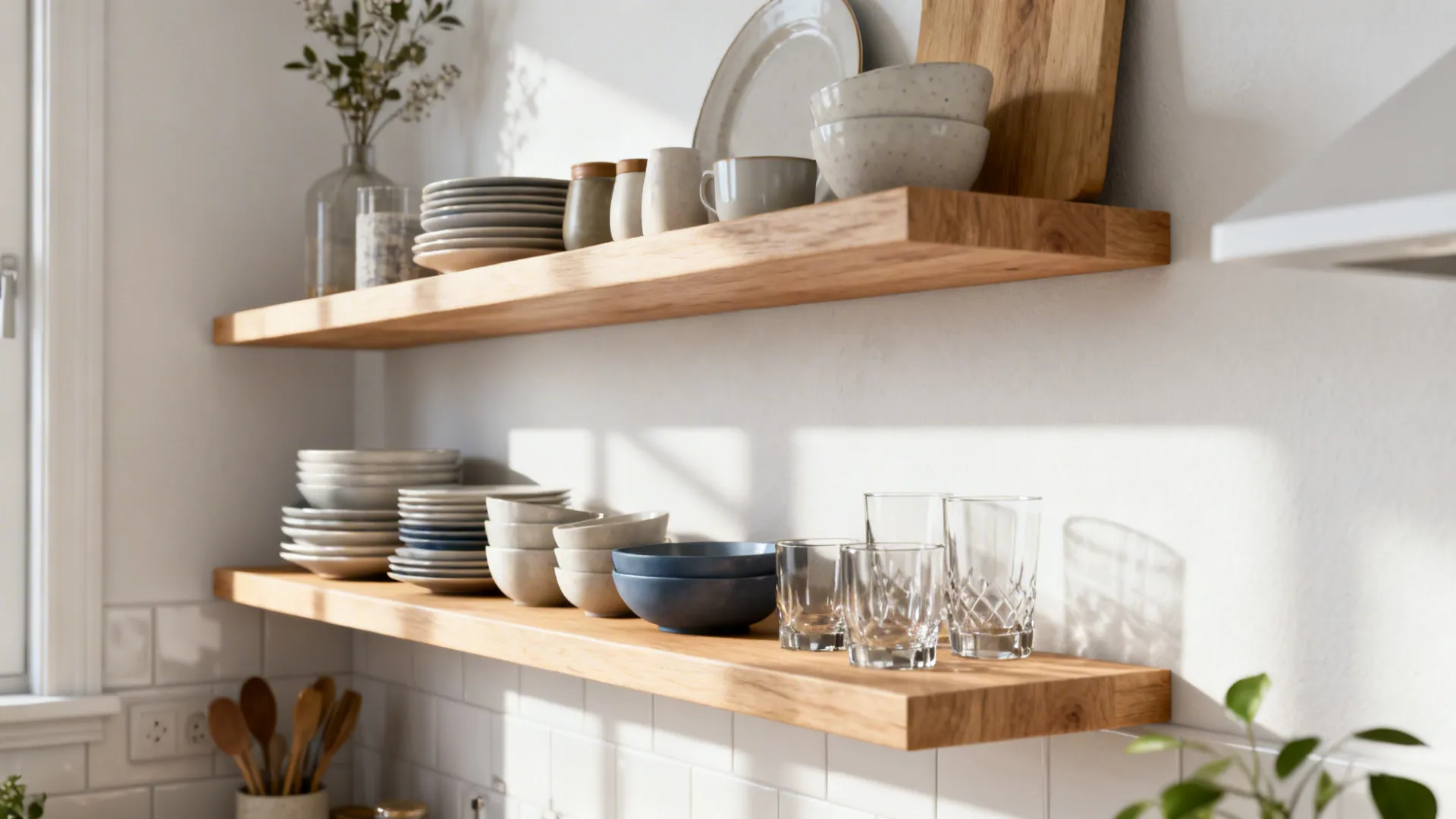 Neatly styled open wooden shelves in a light small kitchen with dishes and glassware