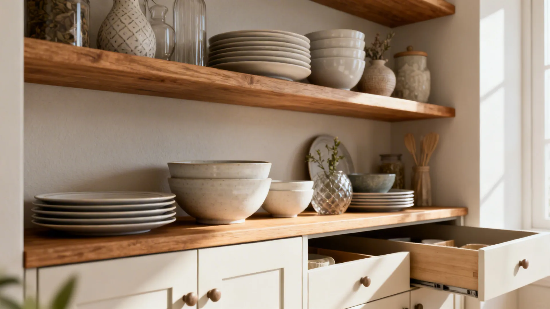 Close-up of neat open shelving above hidden lower cabinets in a small kitchen