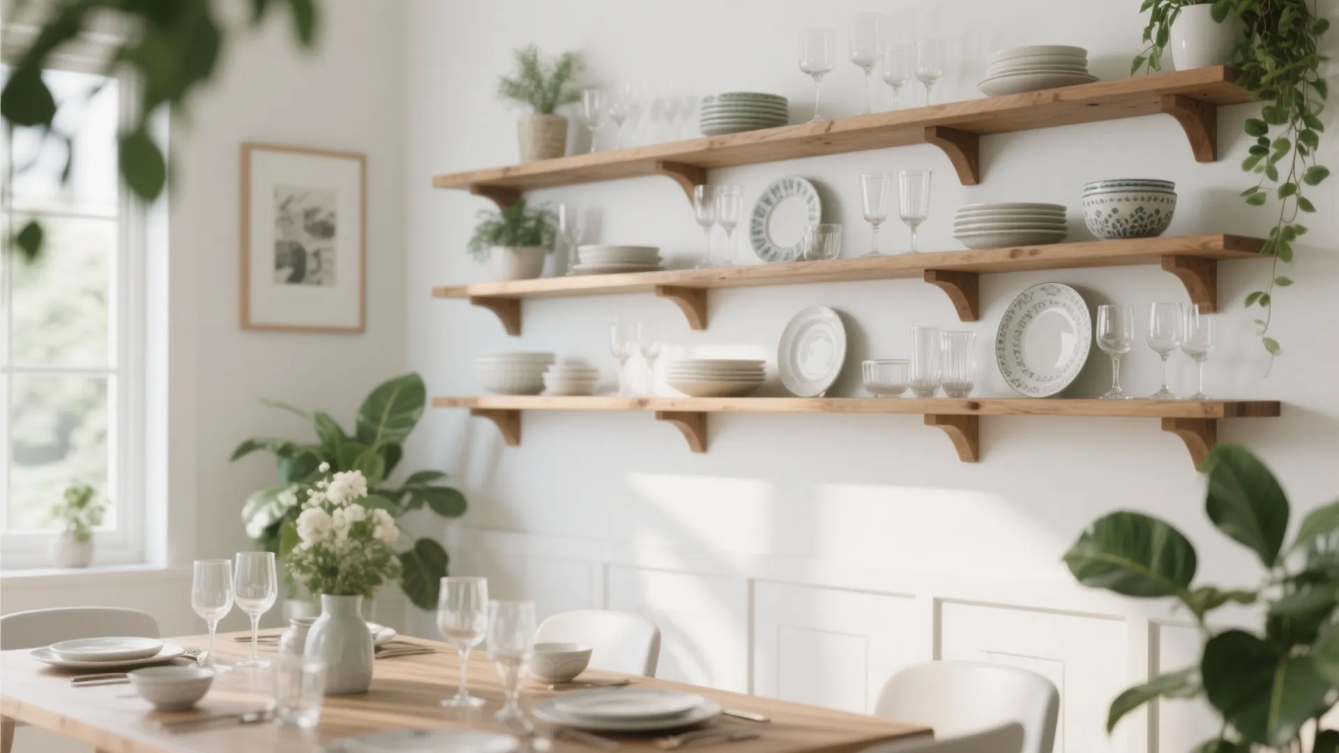 Open wooden shelves displaying glassware and ceramics in a dining space