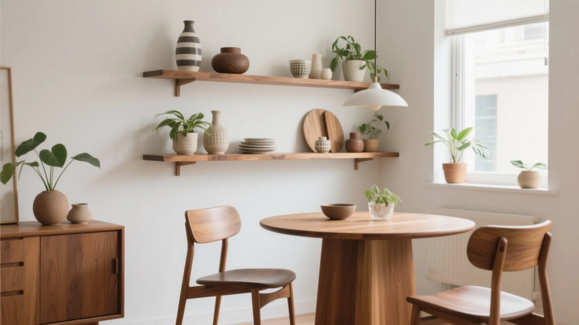 Bright dining space with wooden table floating wall shelves green plants white walls and natural light