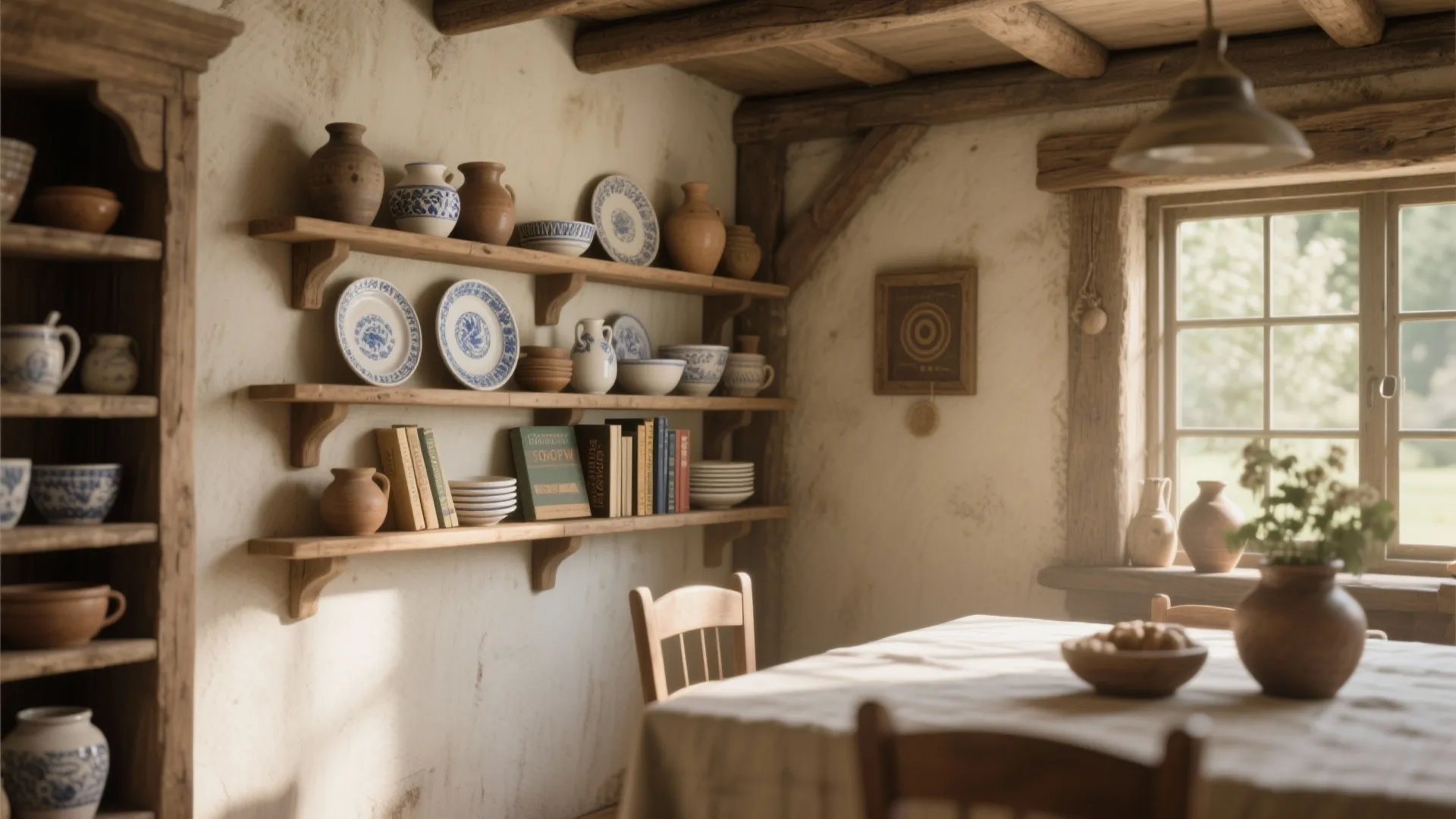 Open shelves in a dining room with ceramics and books