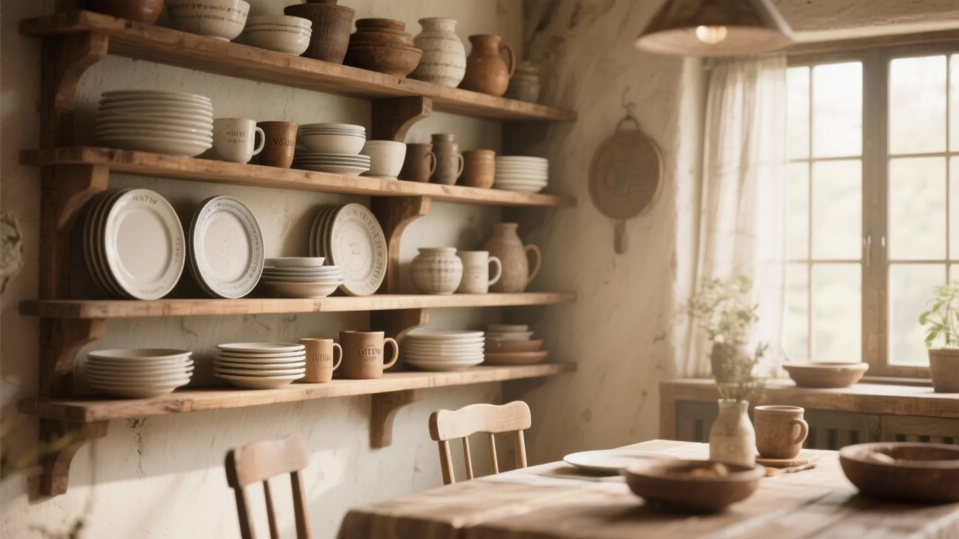 Open wooden shelves displaying rustic dining ware