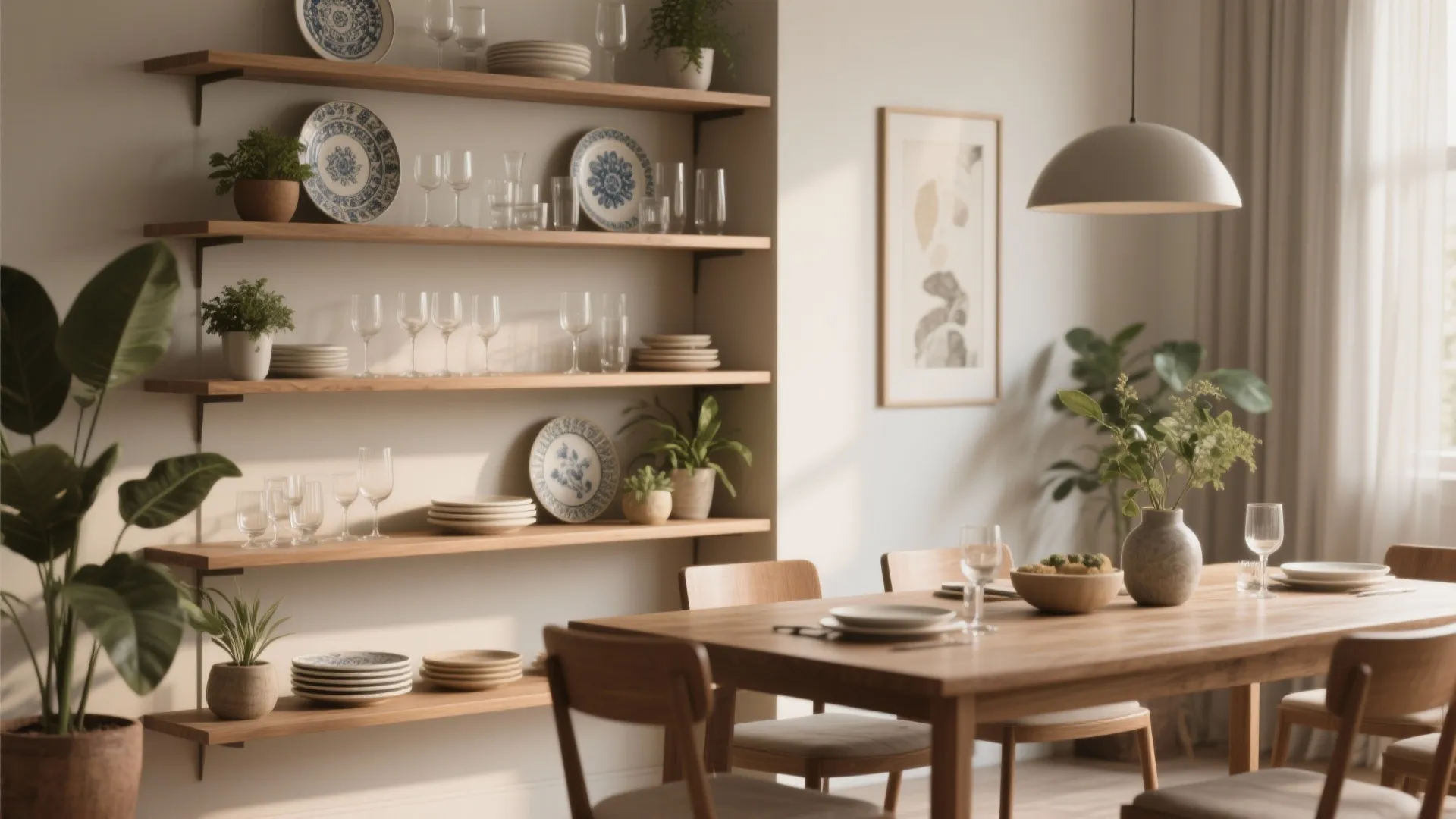 Dining room featuring long wooden open shelves with plates glasses wooden table and ceiling light