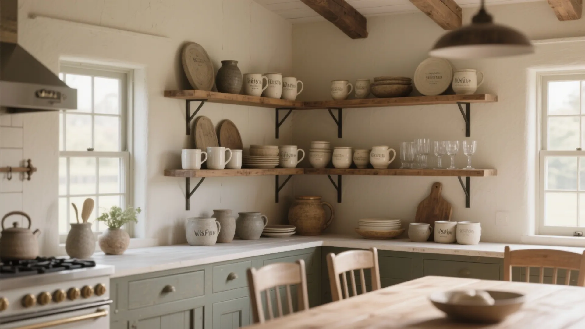 Rustic kitchen with wooden open shelves holding white ceramic plates mugs and bowls near green cabinets