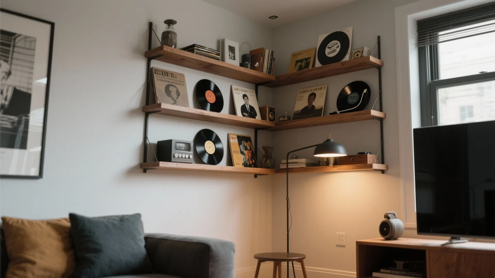 Floating wooden shelves with vinyl records and decor