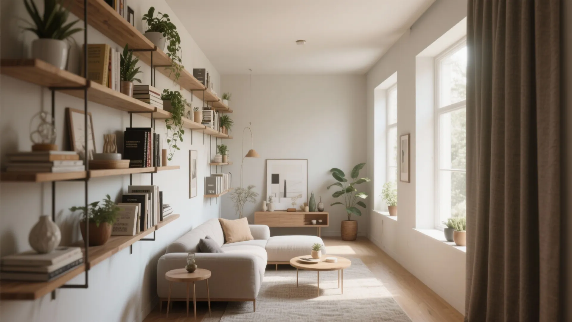 Modern bright living room with wooden wall shelves white sofa coffee table and large windows