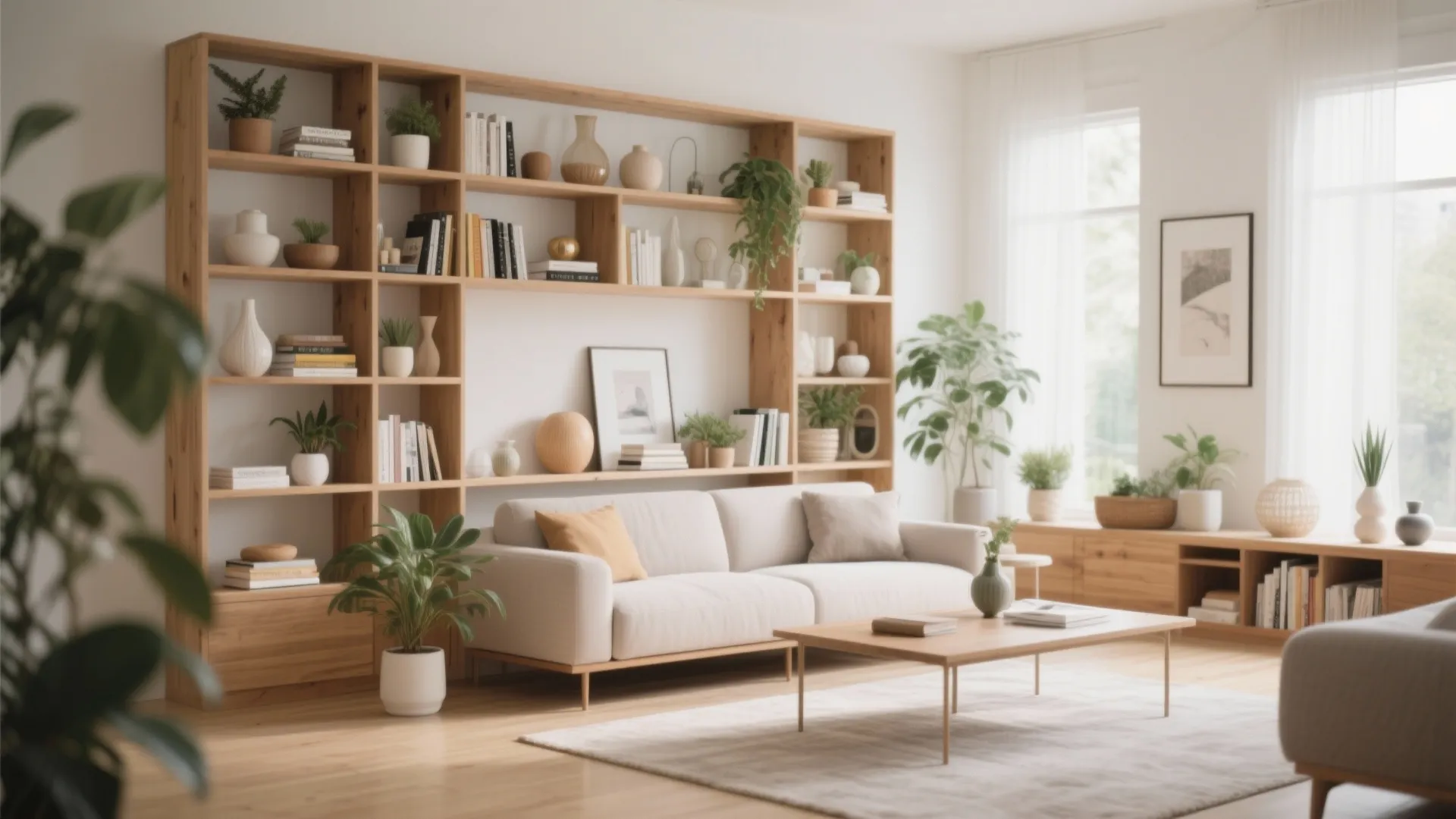 Bright living room with large wooden bookshelf cream sofa coffee table indoor plants and rug