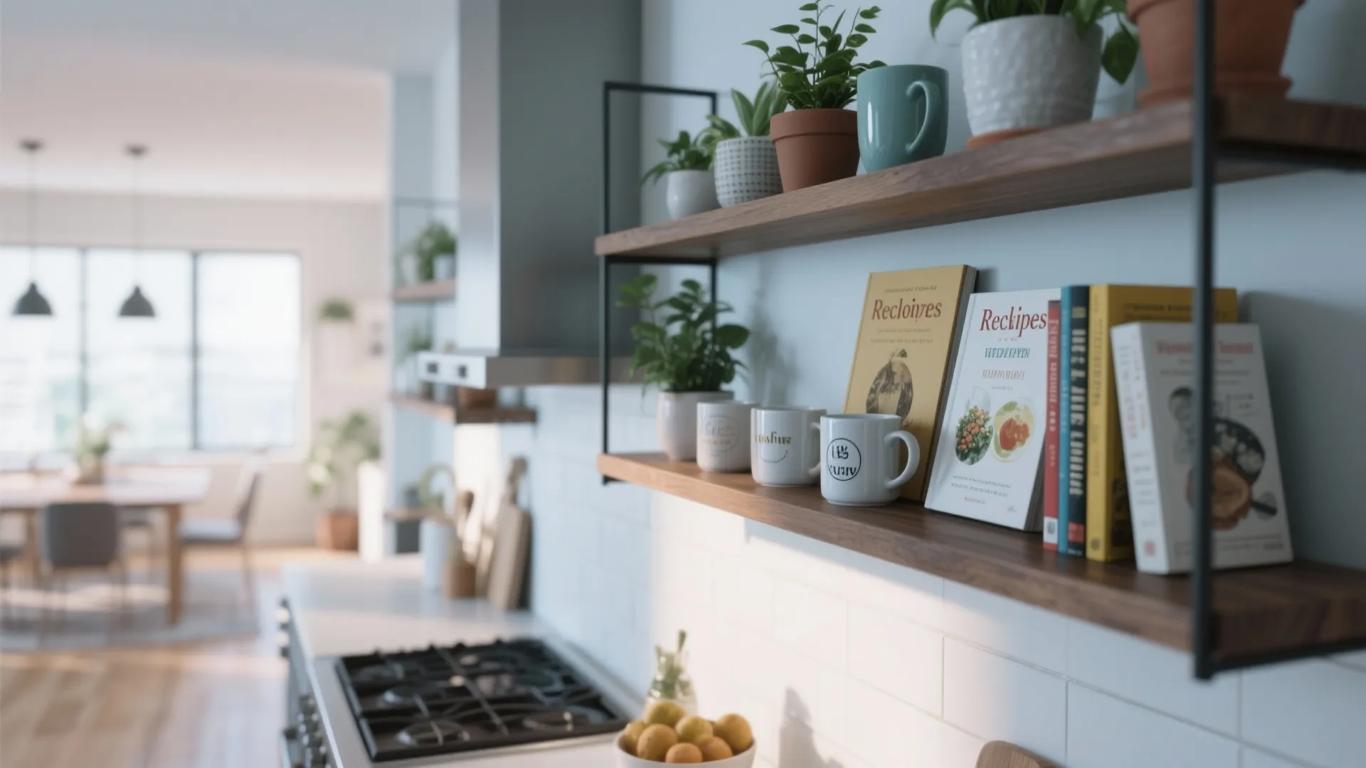 Wooden wall shelves with potted green plants white mugs and recipe books in a bright kitchen