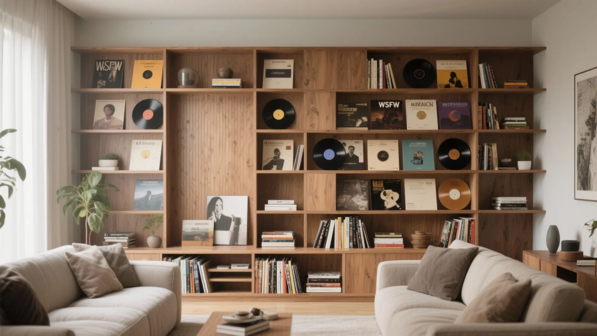 Living room with large wooden shelving unit displaying records books plants and two beige fabric sofas