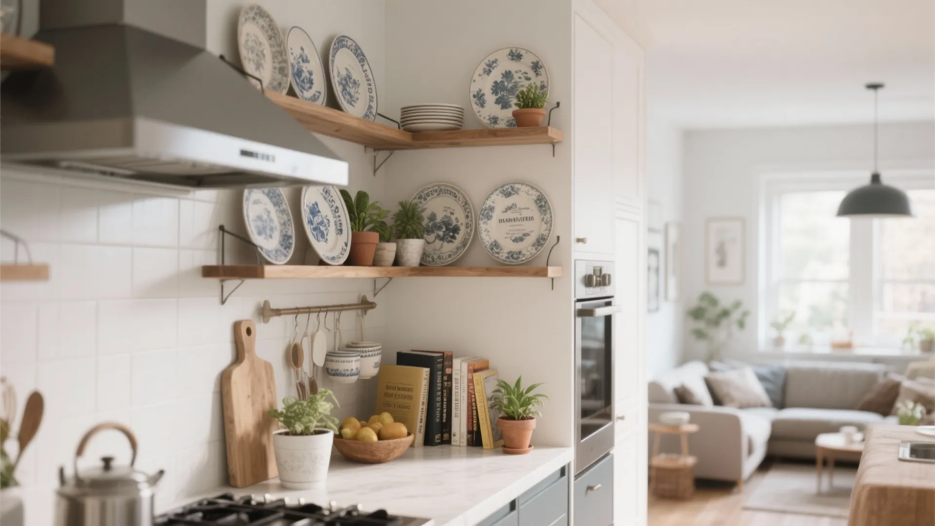 Kitchen wall with wooden shelves displaying blue pattern plates cookbooks plants and blurred living room
