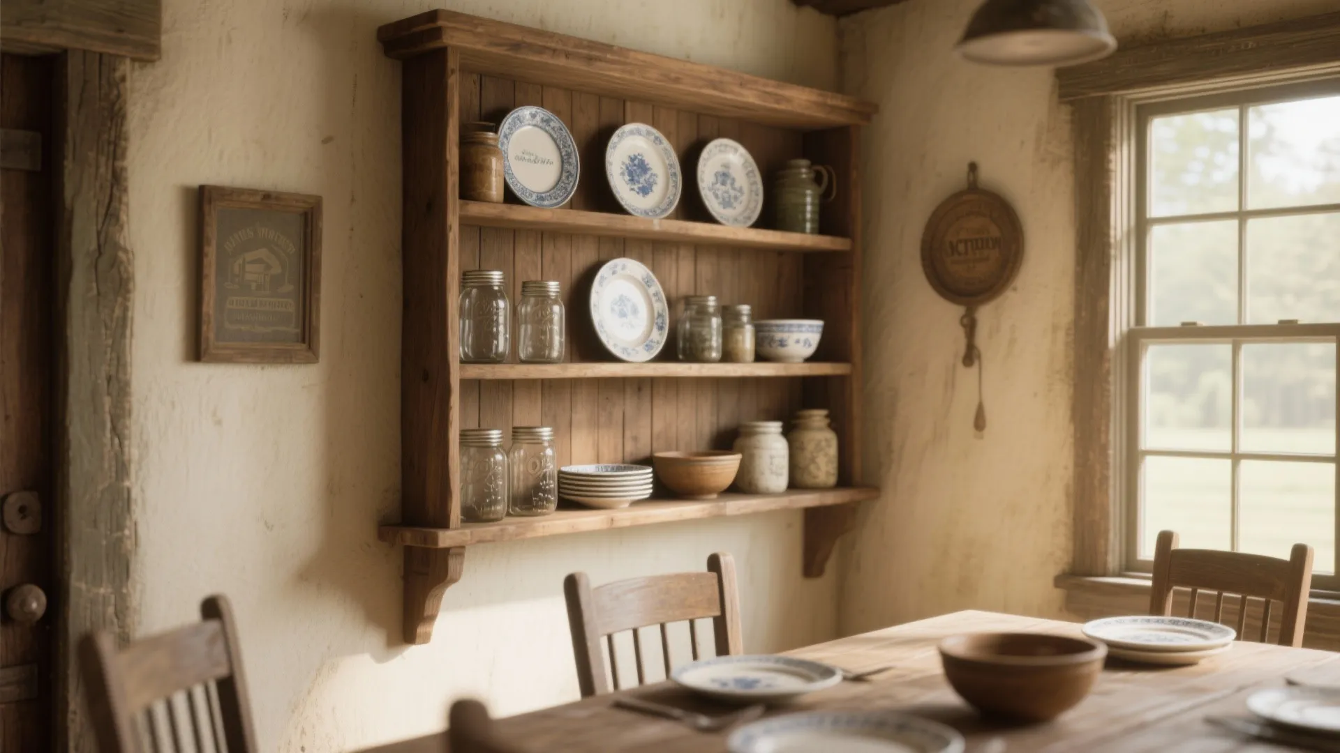 Rustic wooden wall shelf holding blue patterned plates and glass jars above a dining table