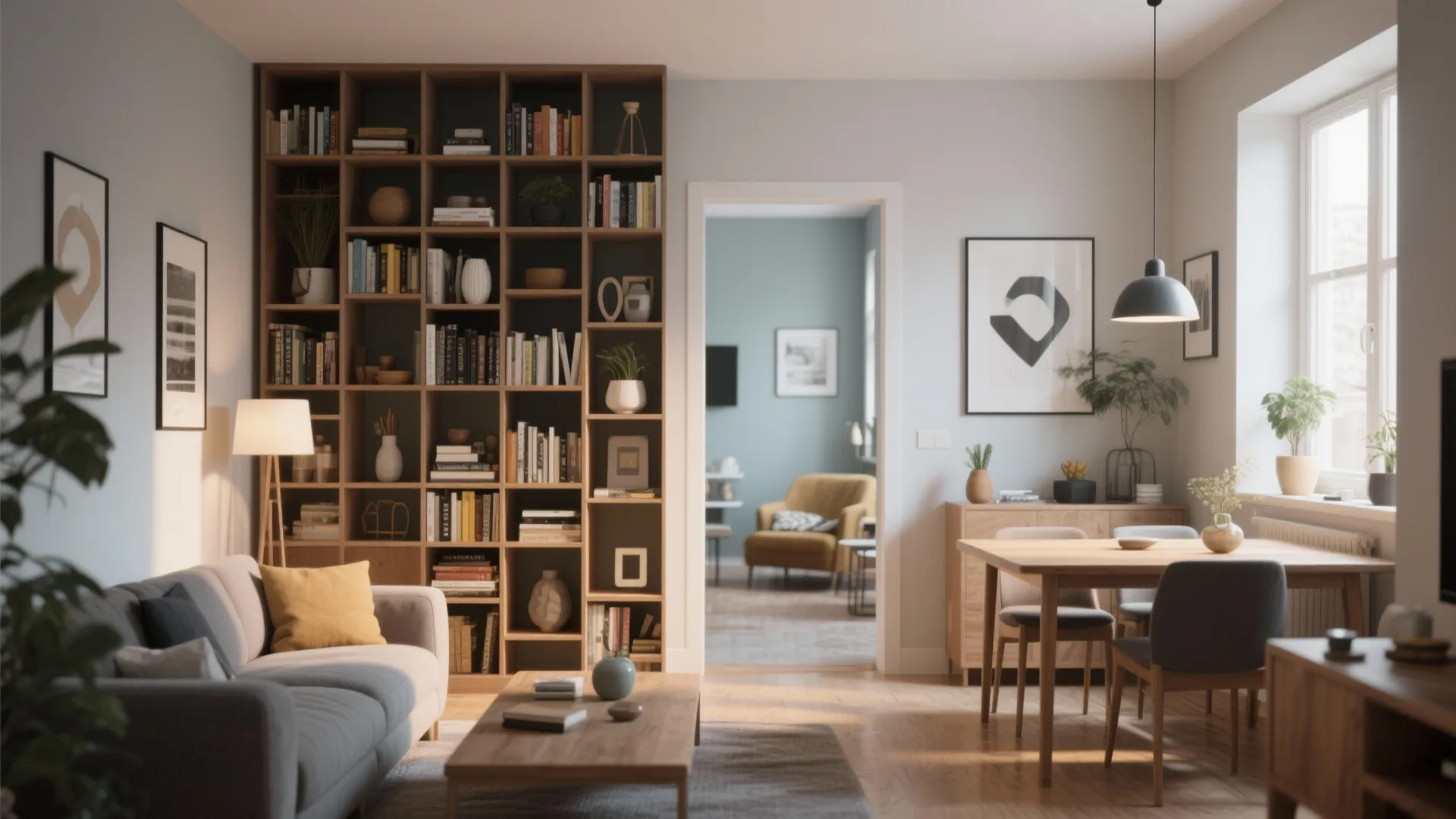 Cozy living room featuring a large wooden bookcase dining table and grey sofa with cushions