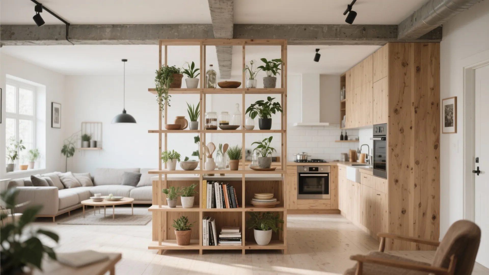 Open wooden shelving partition with plants and books