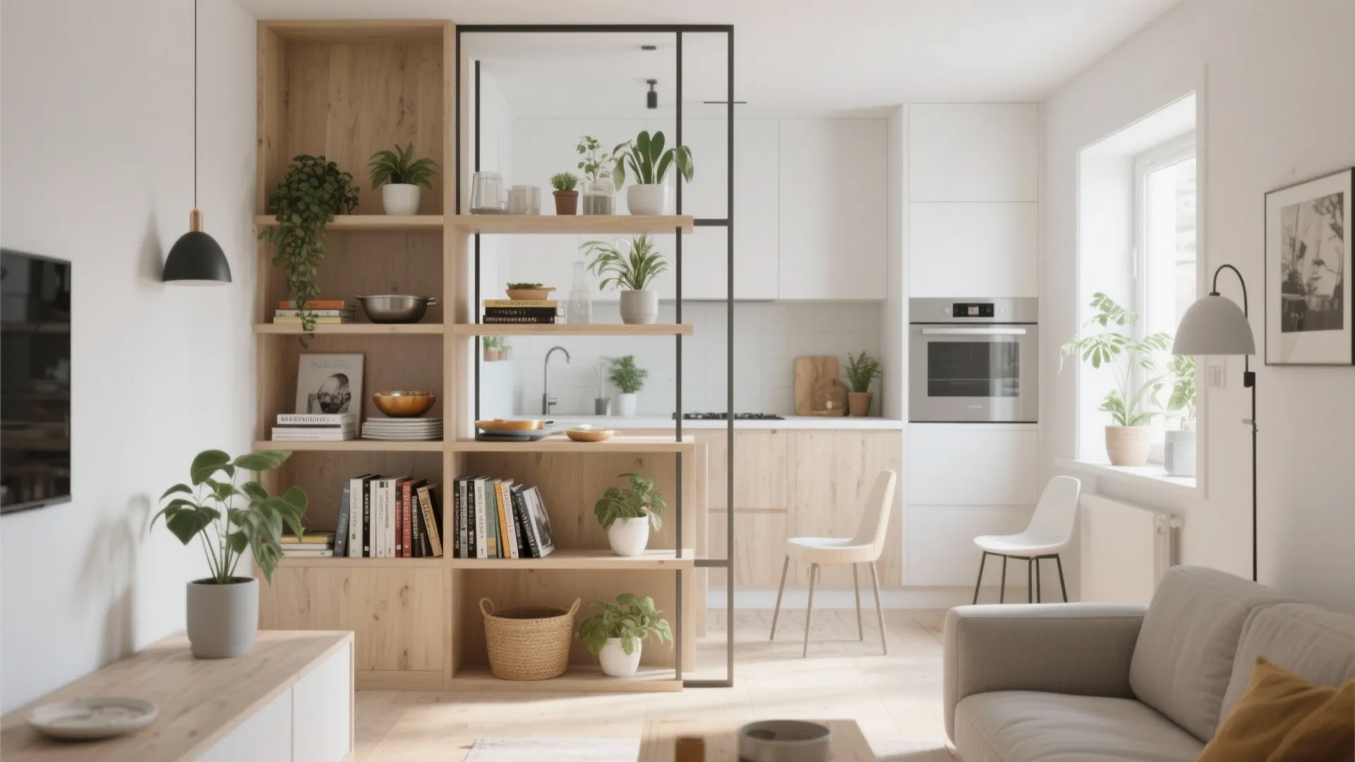Wooden shelf room divider with green plants and books between a living area and kitchen