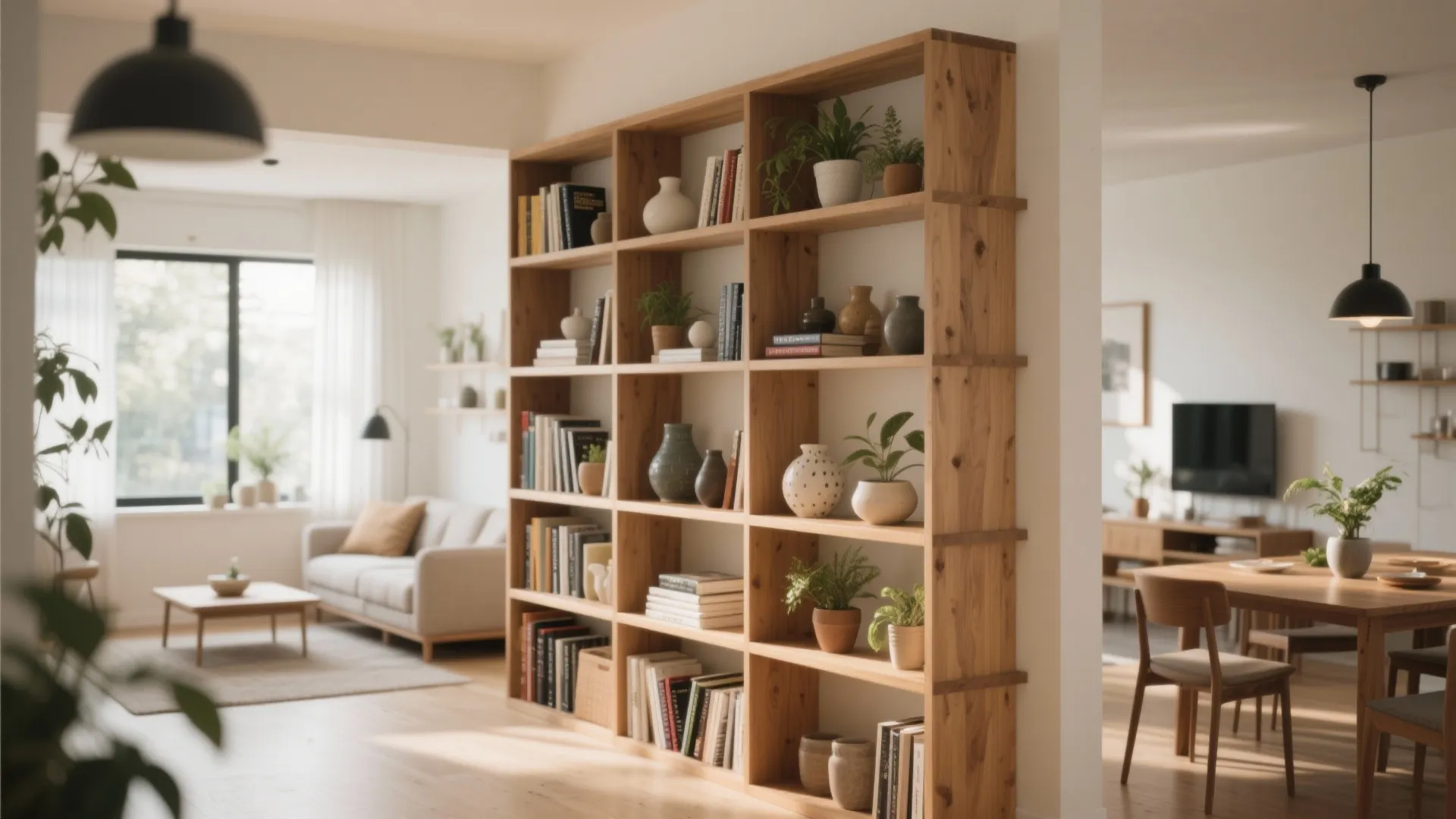 Large wooden open bookshelf acting as a room divider filled with books and potted green plants