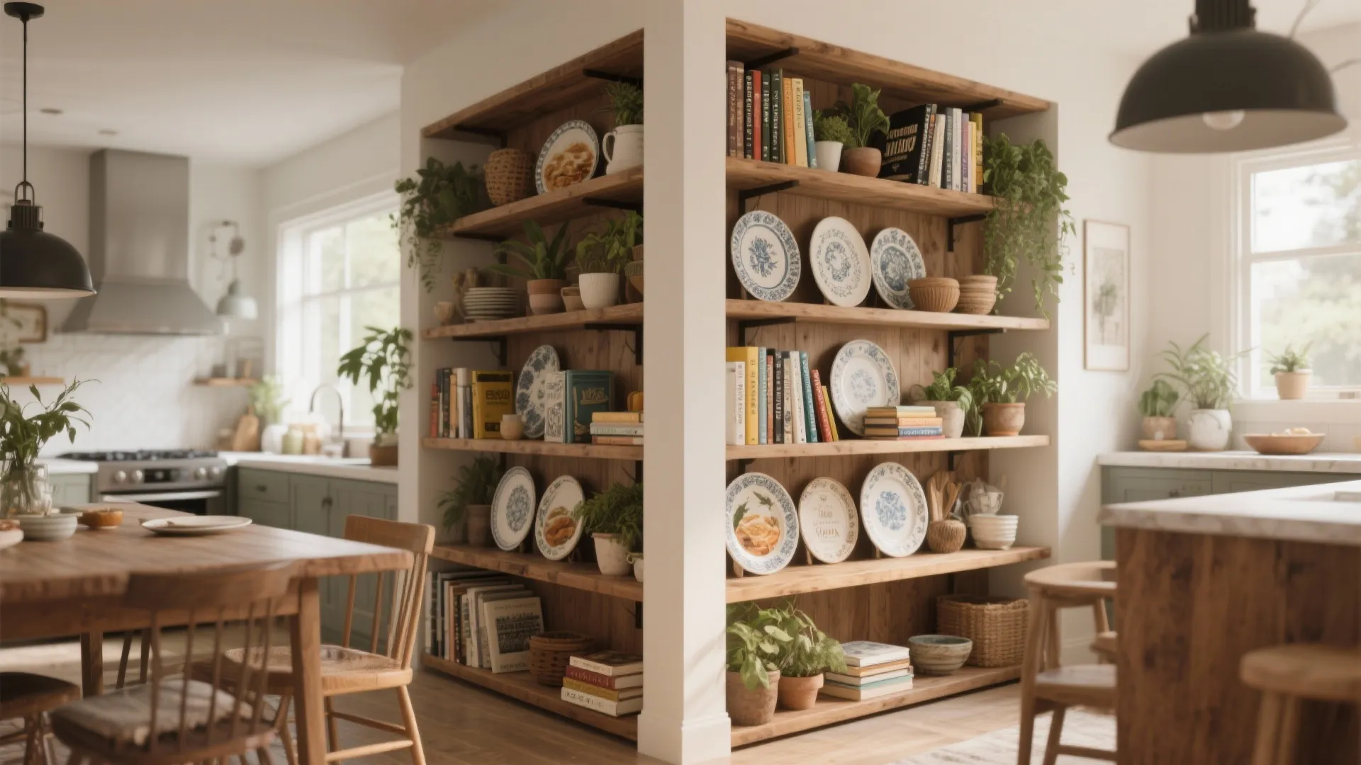 Wooden open shelving unit used as a room divider between the kitchen and dining area