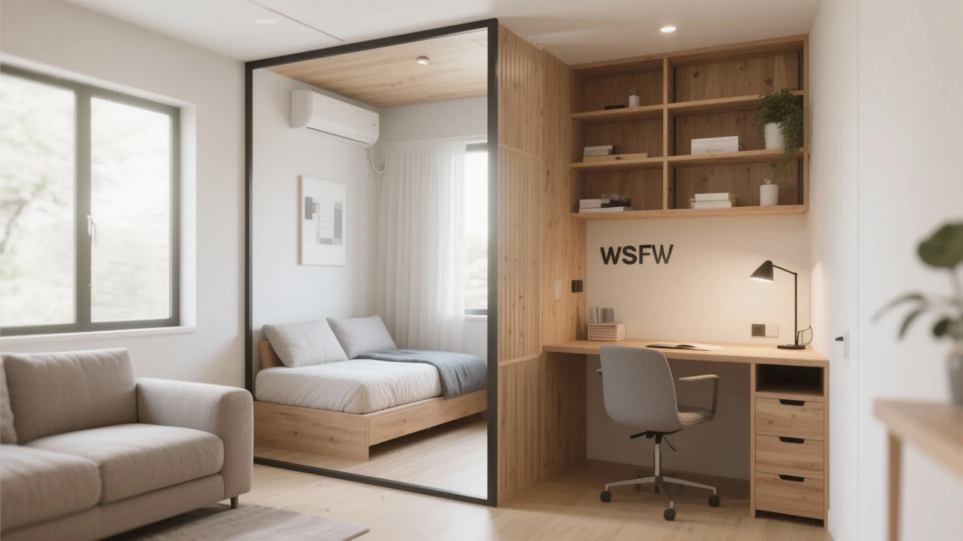 Open shelving divider between sofa and desk