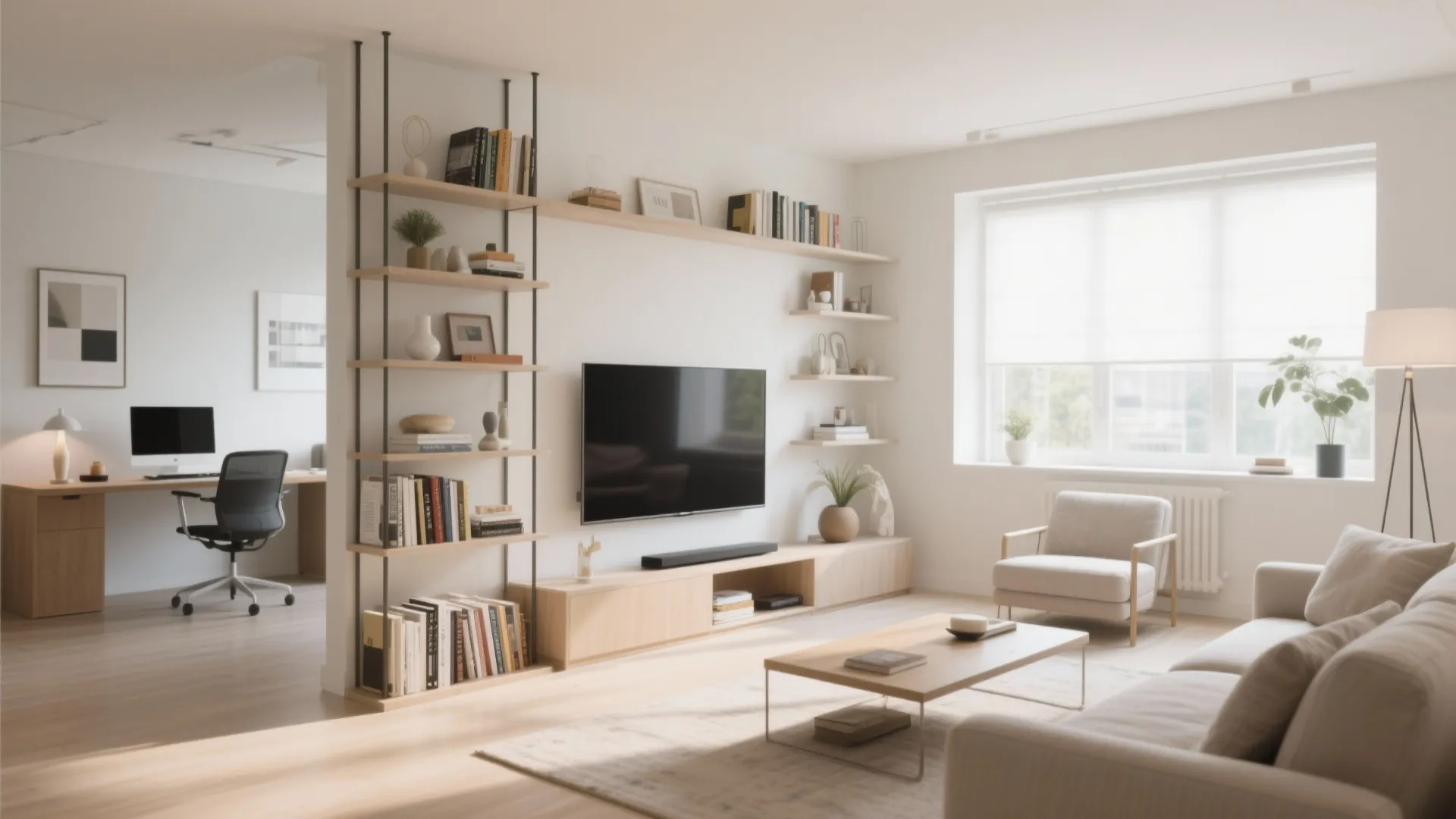 Modern living room with open shelving room divider separating the workspace area from the seating area
