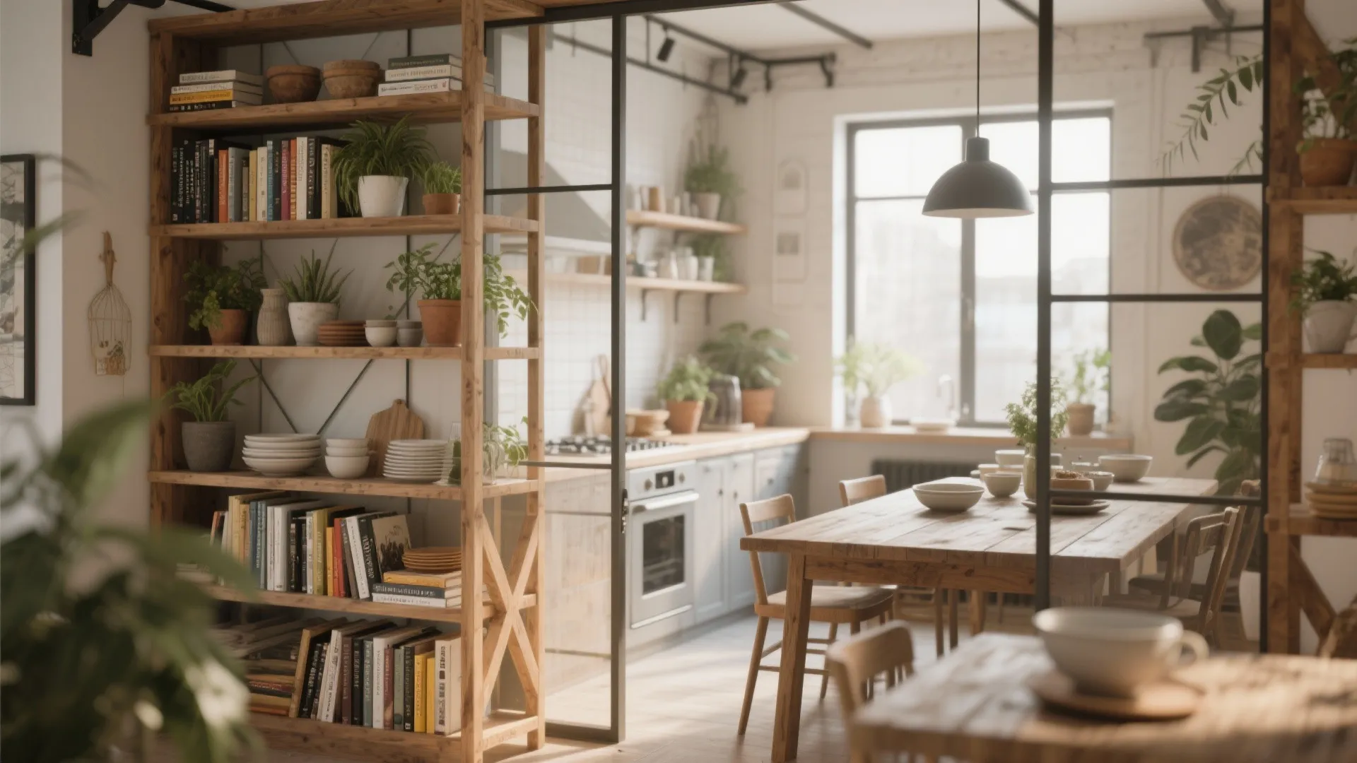 Wooden open shelving unit used as a room divider between a kitchen and dining area