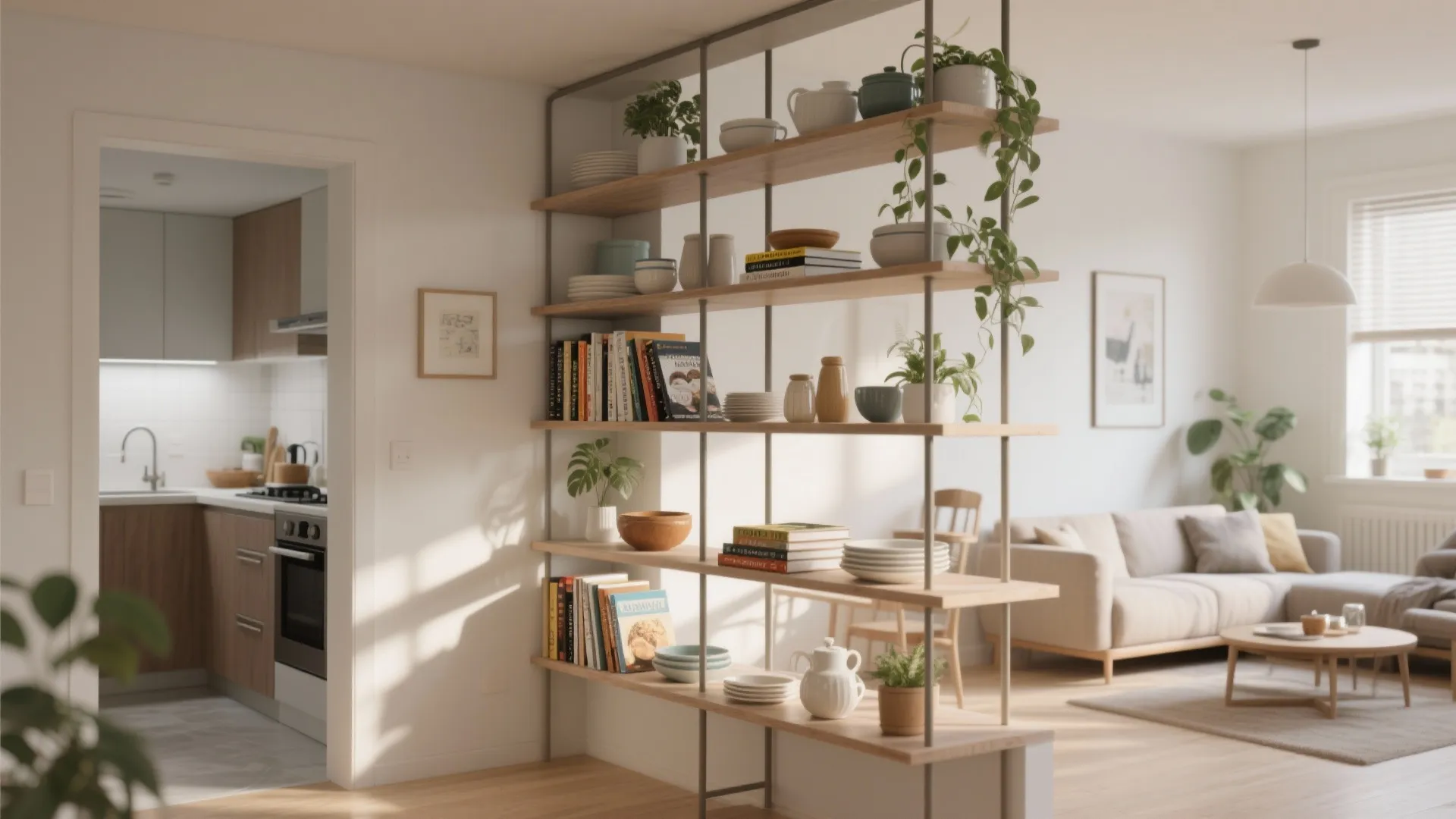Open shelving as a visual divider