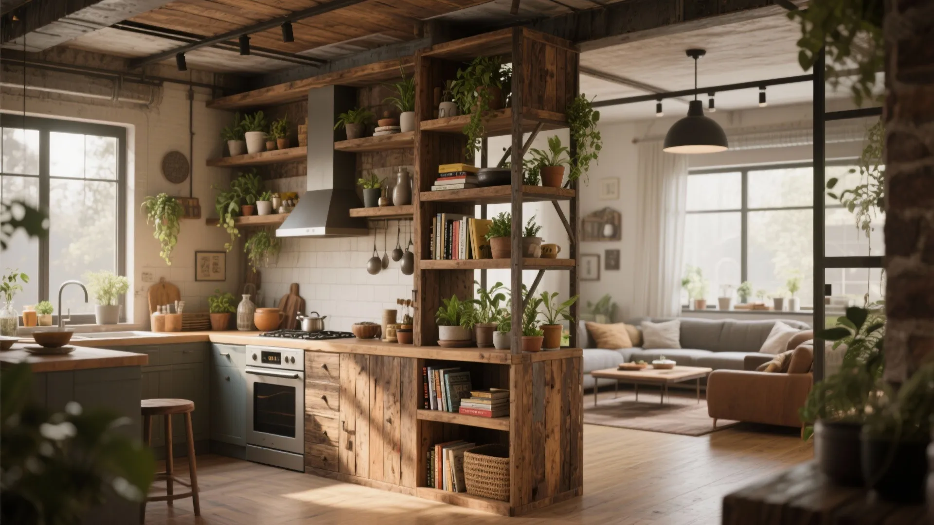 Open shelving divider made of reclaimed wood between kitchen and living room