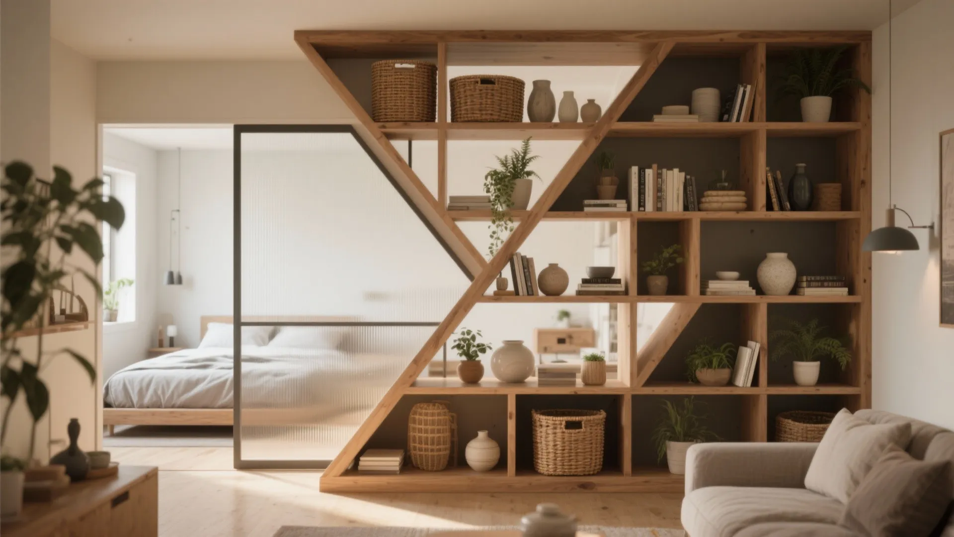 1. Open shelving as a semi-transparent divider